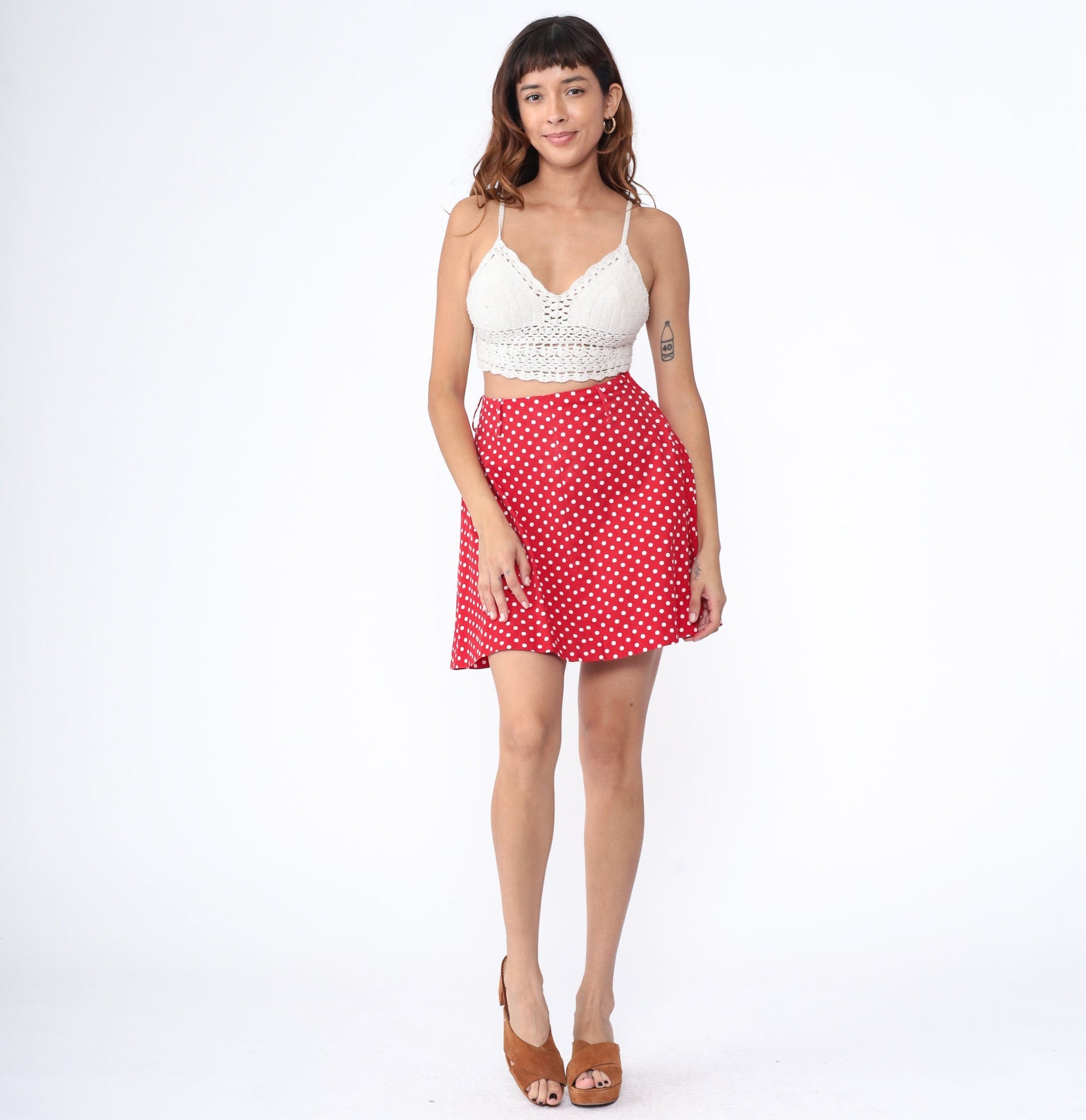 60s Junior House Polka Dot Mini Skirt Red A-Line High Waisted Extra Small