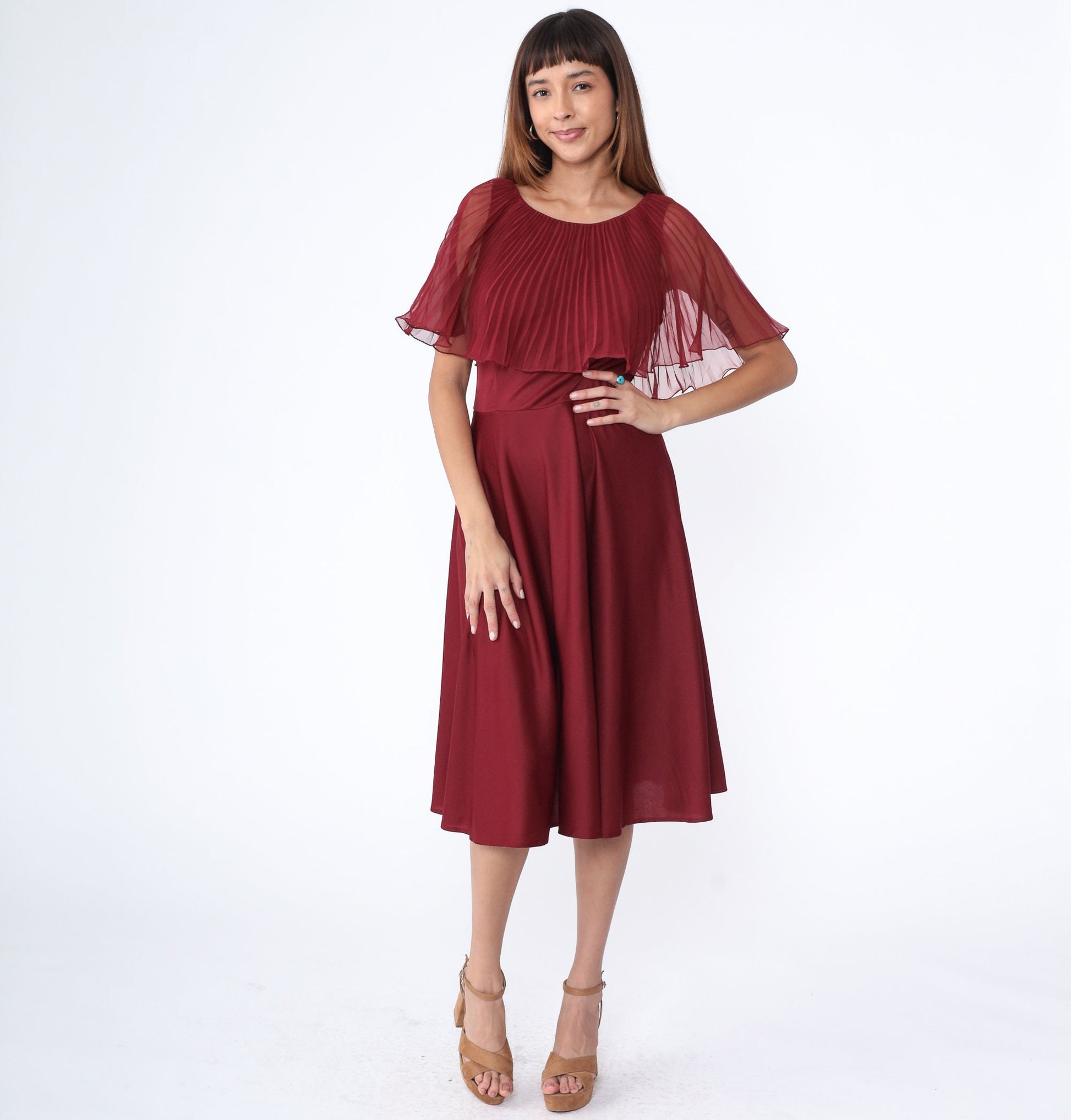70s Burgundy Chiffon Midi Dress Pleated Capelet High Waist Medium