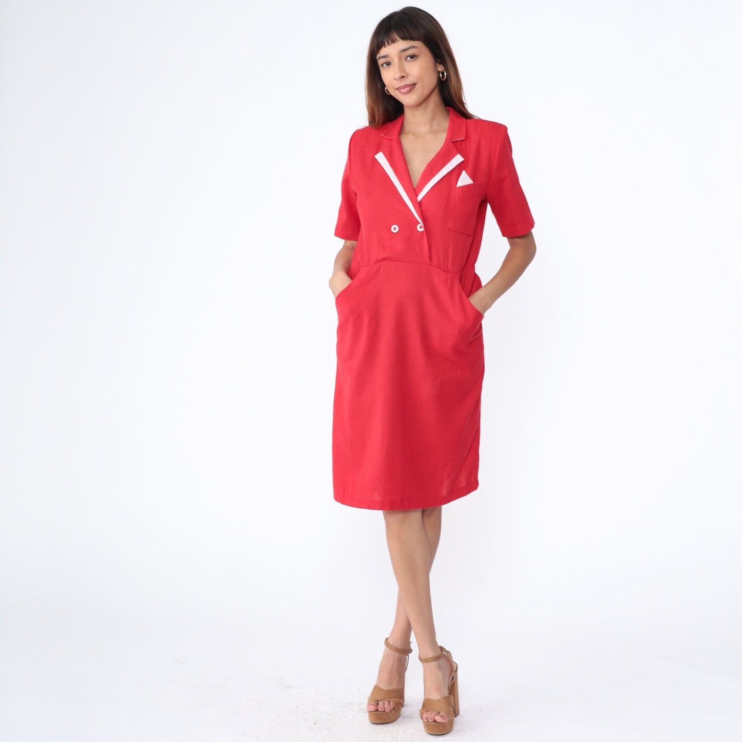 80s Red Wrap Midi Dress White Trim Collared Shirtwaist Medium