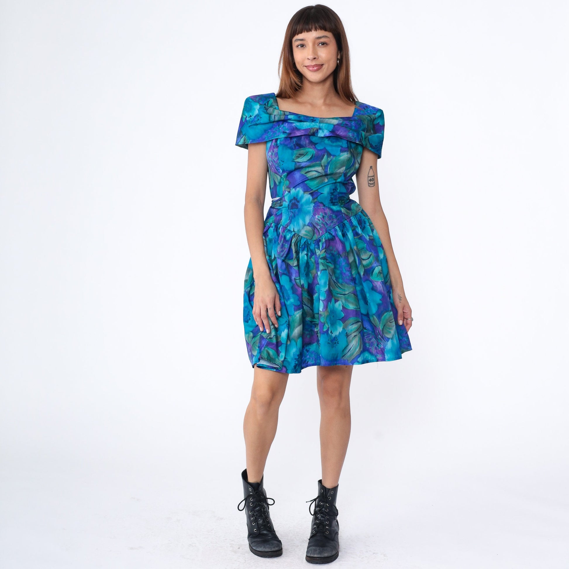 90s Blue Floral Watercolor Mini Dress Short Sleeve Drop Waist Small