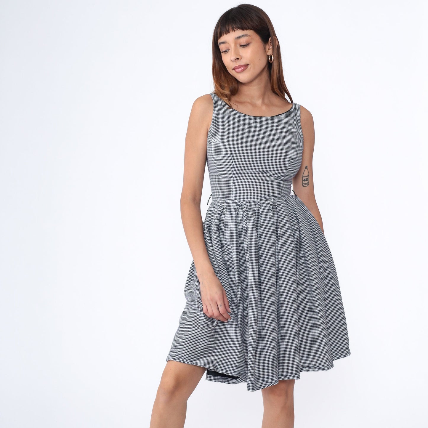 60s Navy White Checkered Mini Dress Pleated High Waist Sleeveless Small