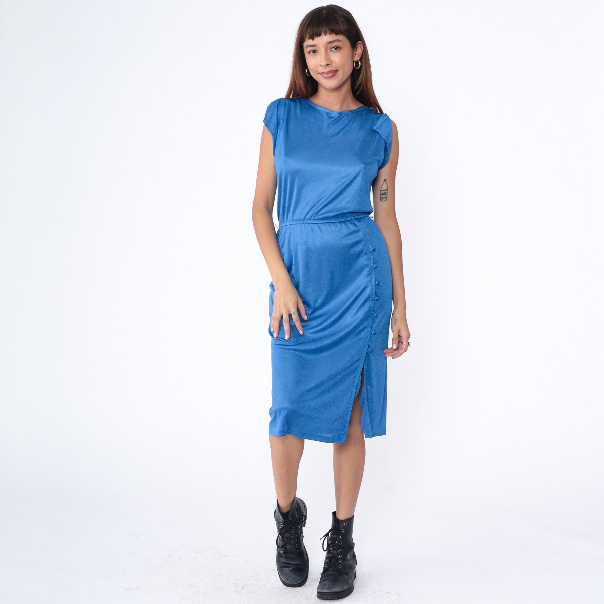 70s Blue Midi Dress Cap Sleeve High Elastic Waist Button Front Small