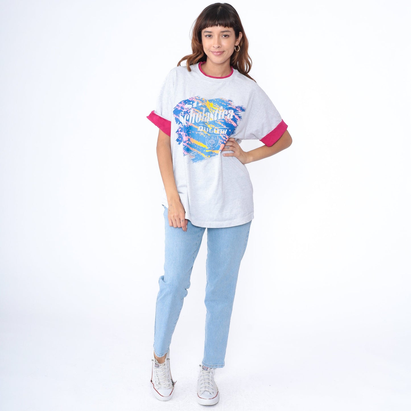 90s St. Scholastica College Ringer Tee Grey Pink Cuffed Sleeve Large