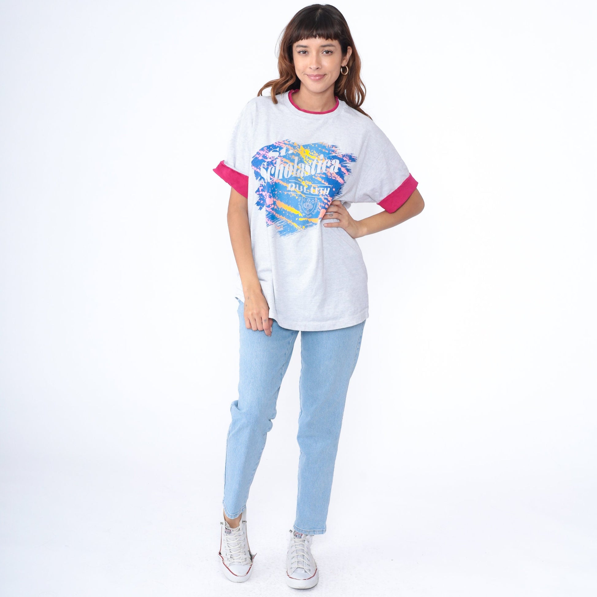 90s St. Scholastica College Ringer Tee Grey Pink Cuffed Sleeve Large