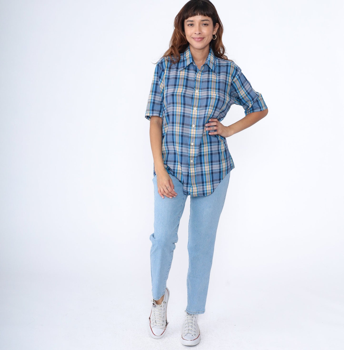 70s Blue Plaid Button-Up Shirt Pointed Collar Short Sleeve Men's Medium