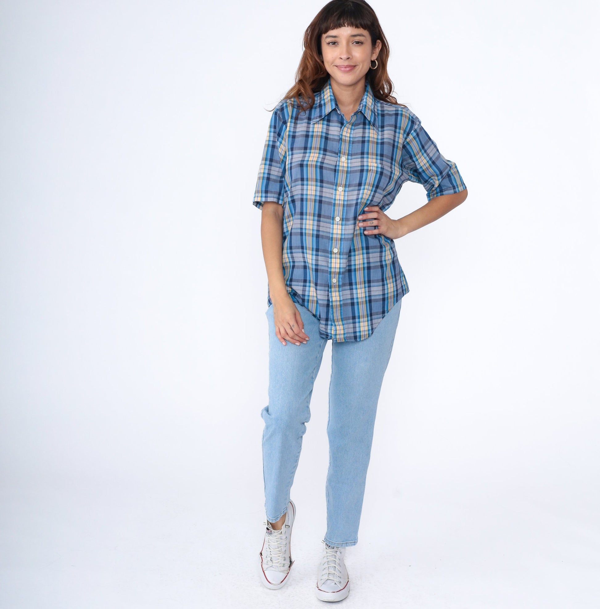 70s Blue Plaid Button-Up Shirt Pointed Collar Short Sleeve Men's Medium