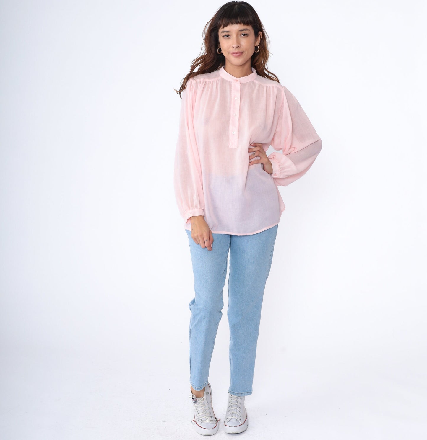 80s Sheer White Blouse Puff Sleeve Collared Button-Up Medium