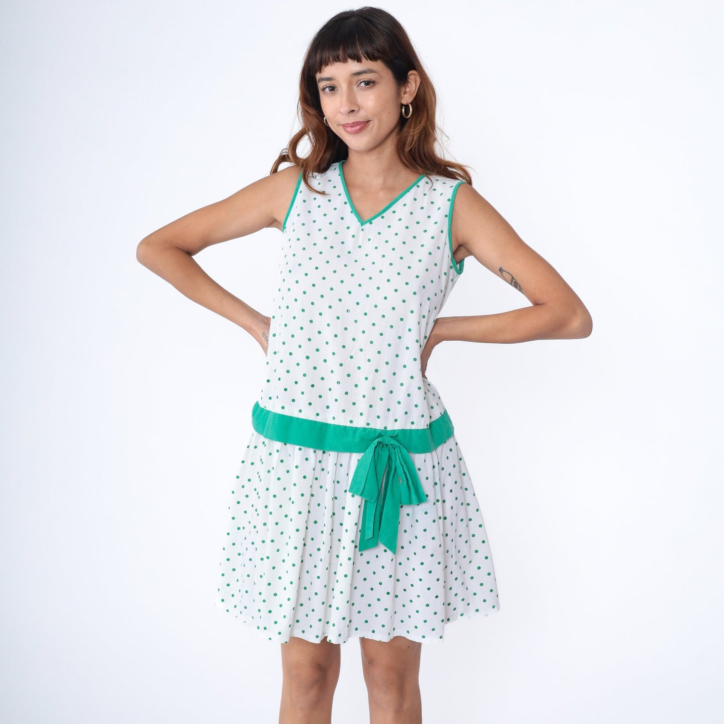 80s White Green Polka Dot Drop Waist Mini Dress V Neck Bow Small