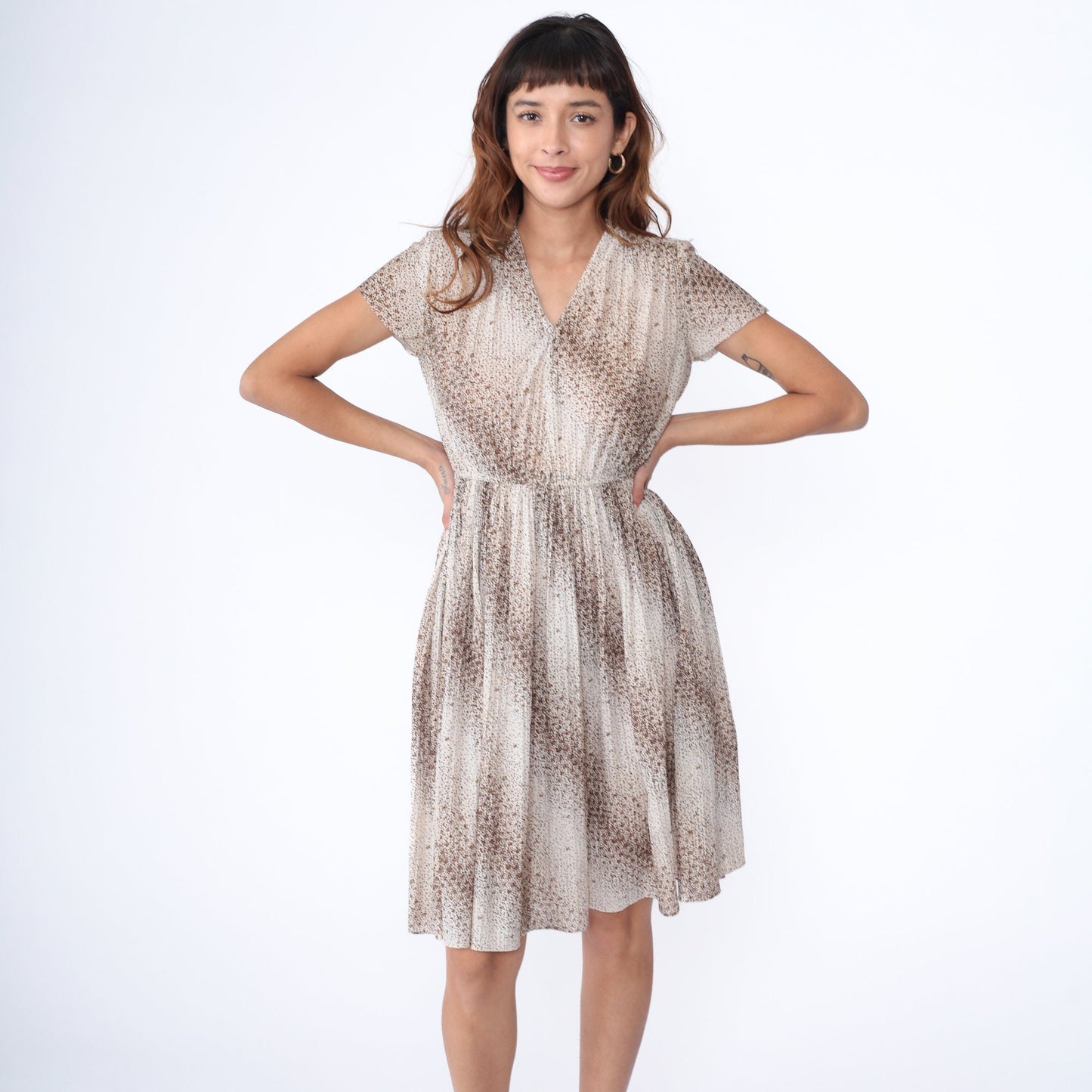 70s Striped Polka Dot Dress White V-Neck Elastic Waist Knee-Length Small