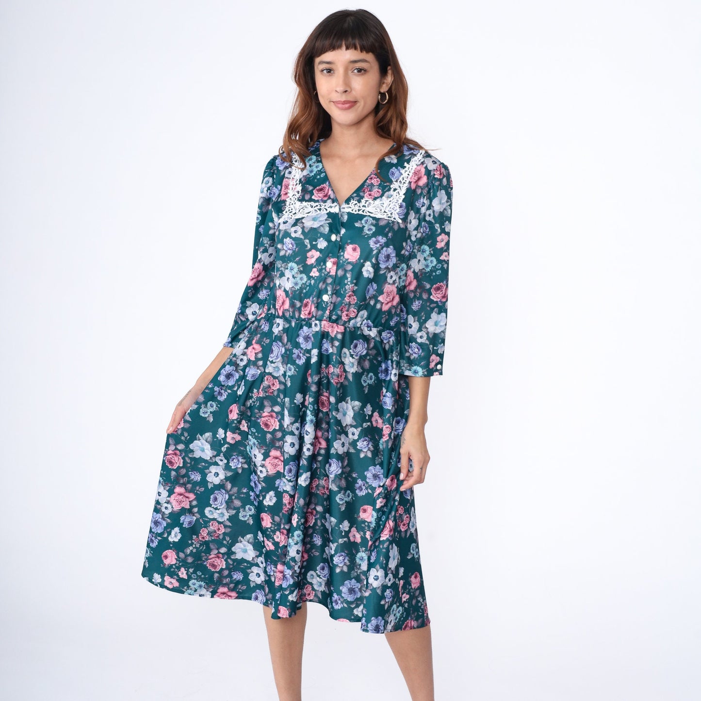 80s Floral Midi Dress Lace Collar Puff Sleeve Green Rose Print High Waist Large