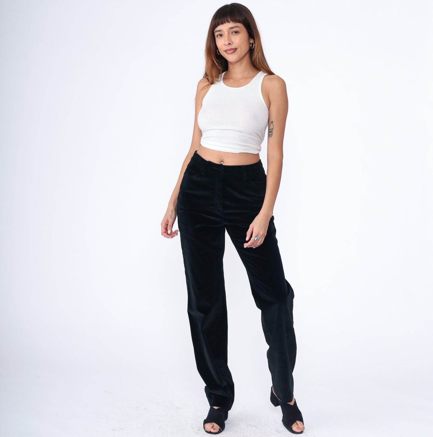 90s Per Se Black Velvet High-Waist Straight-Leg Trousers Medium 8