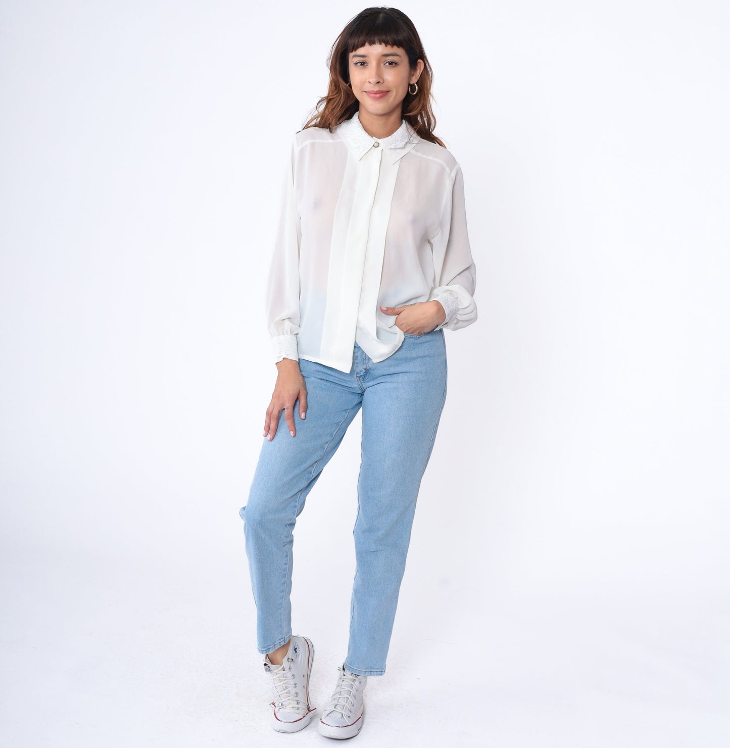 90s White Sheer Blouse Lace Collar Pearl Button Long Sleeve Medium