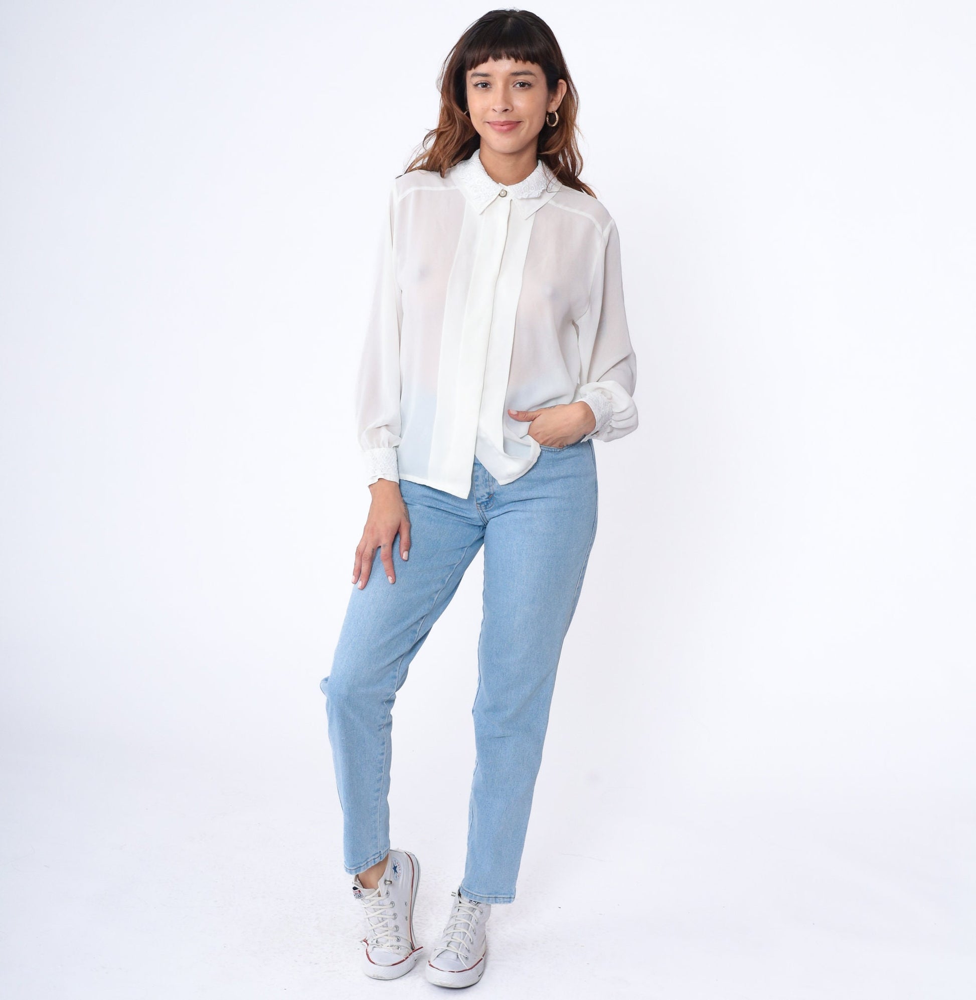 90s White Sheer Blouse Lace Collar Pearl Button Long Sleeve Medium