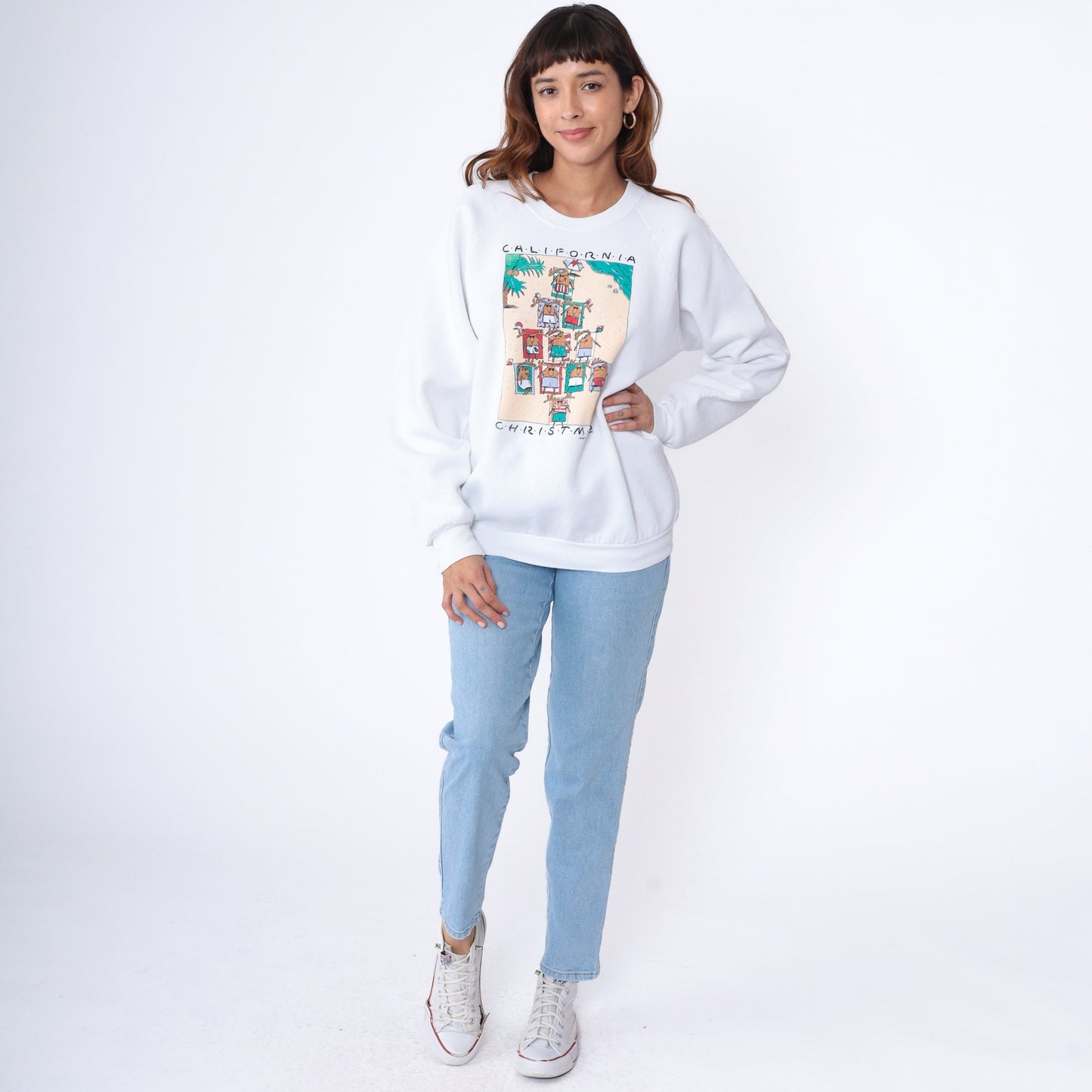 80s California Christmas Reindeer Beach Sweatshirt White Raglan Extra Large