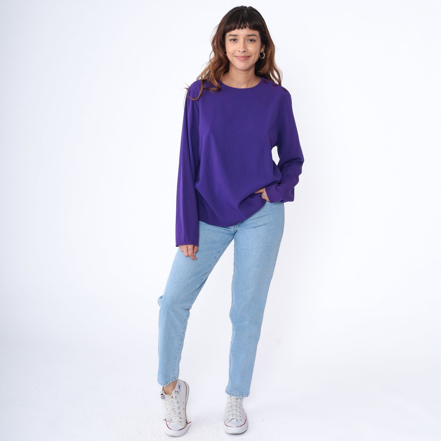 90s Purple Blouse Shoulder Button Long Sleeve Pullover Top Extra Large