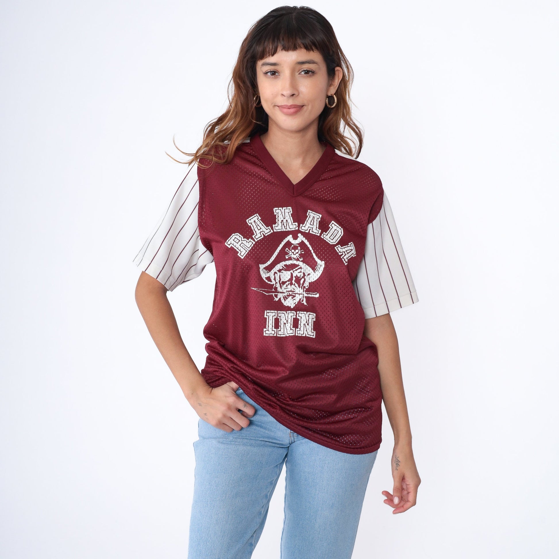 90s Ramada Inn Pirate Baseball Jersey Maroon Mesh V-Neck Medium