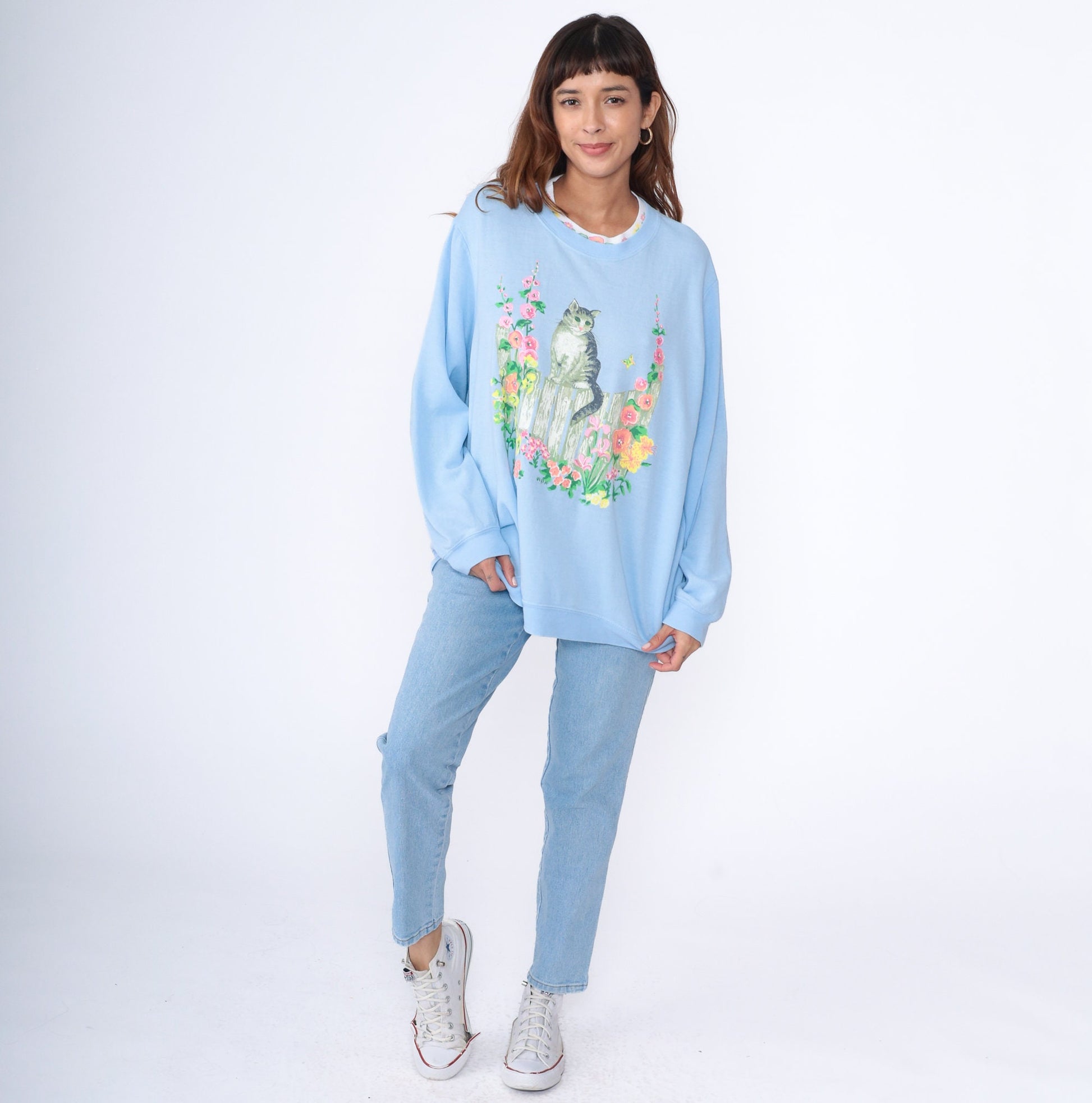 90s Cat Floral Garden Sweatshirt Baby Blue Graphic Crewneck Extra Large XXL
