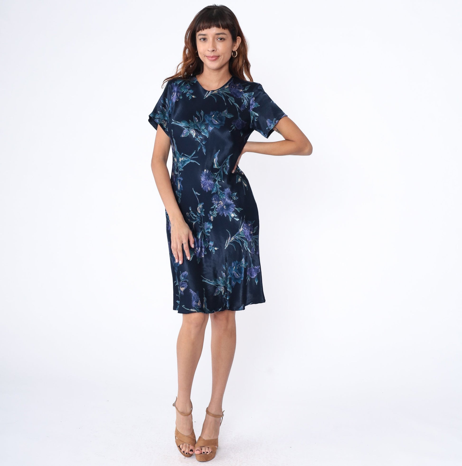 00s Laura Ashley Floral Sheath Dress Navy Knee-Length Sleeveless Medium 8