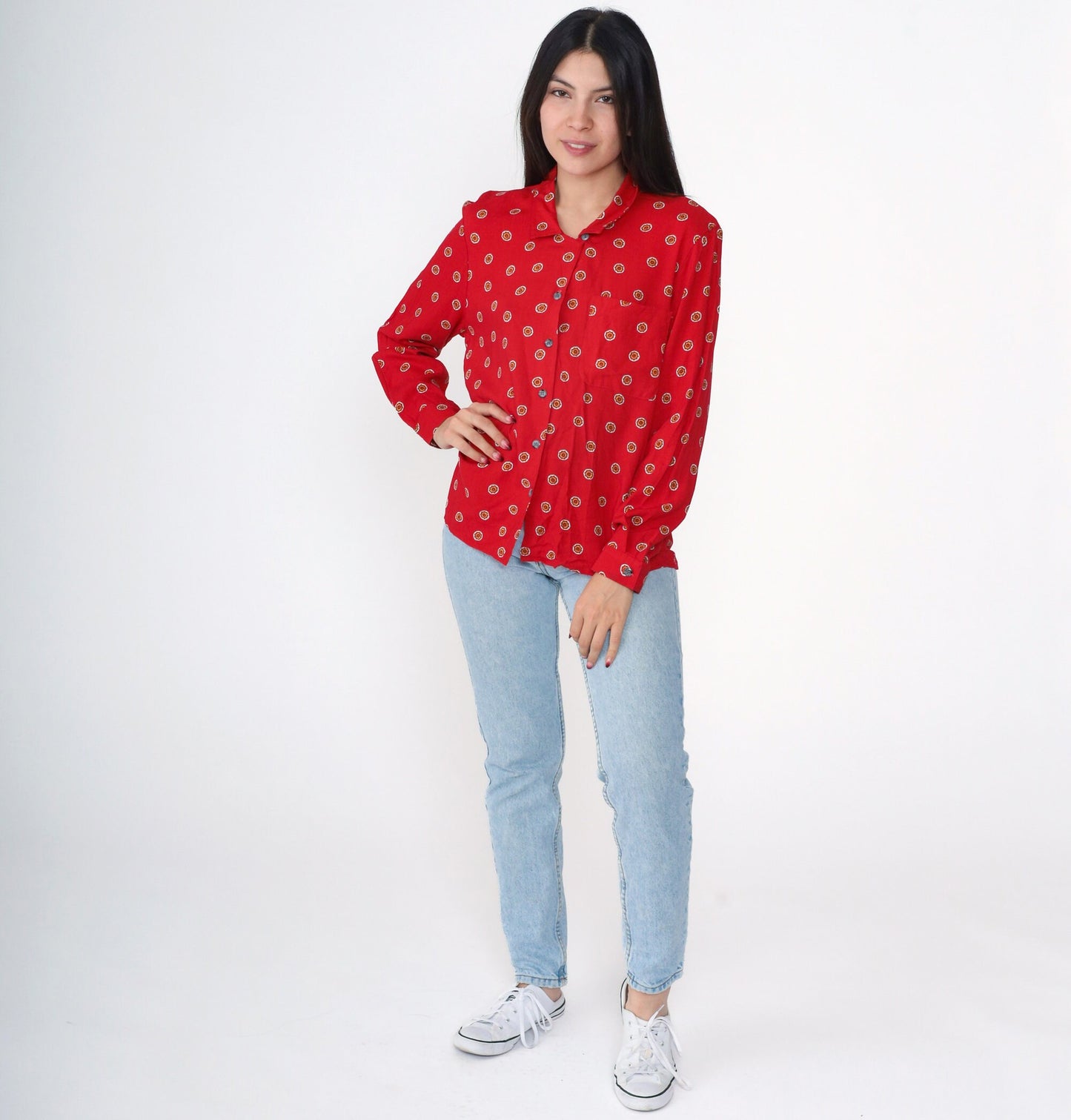 90s Abstract Floral Print Button Up Blouse Red Rayon Long Sleeve Medium