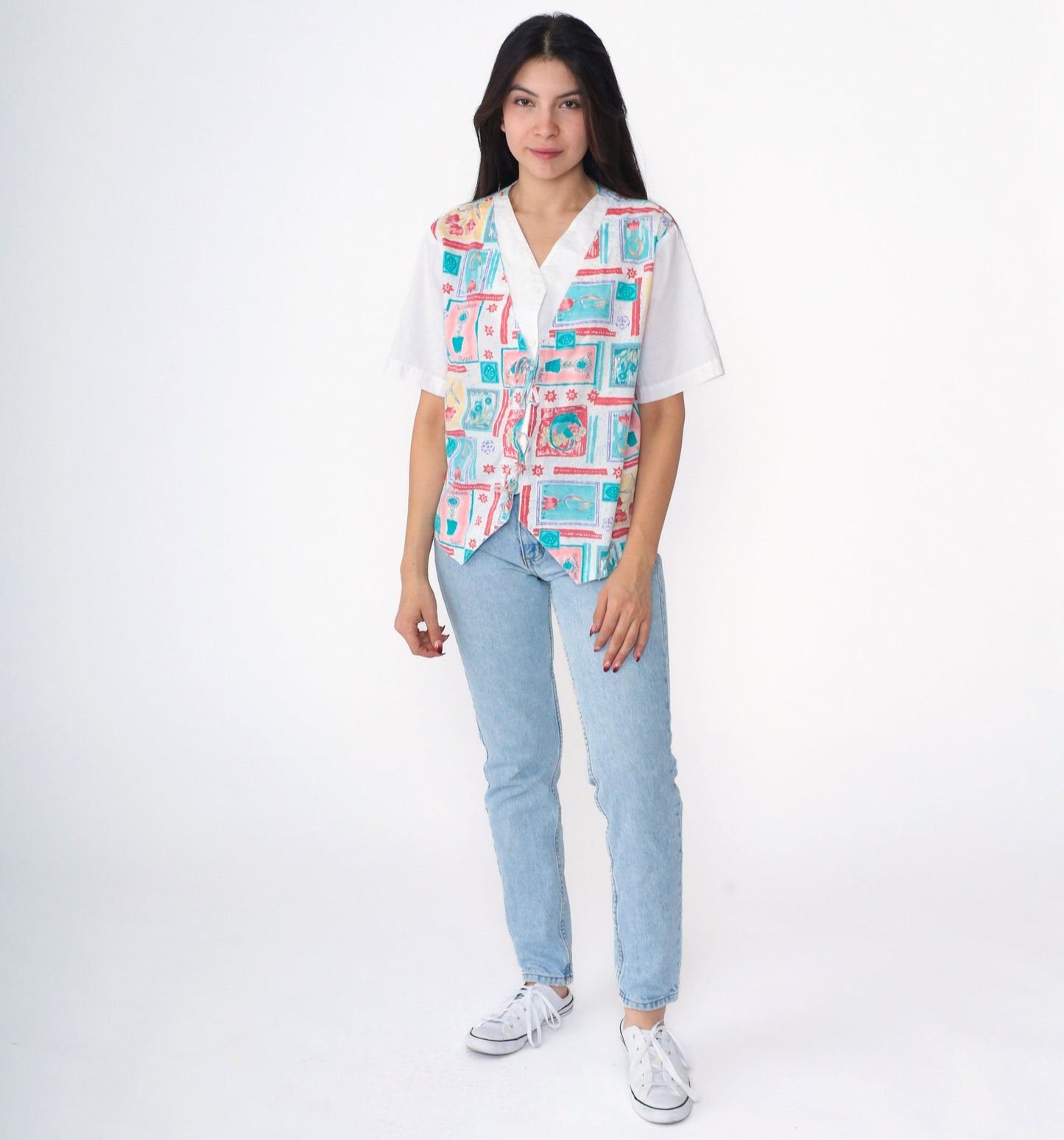90s Floral Garden Print Button Up Blouse White Attached Vest Medium