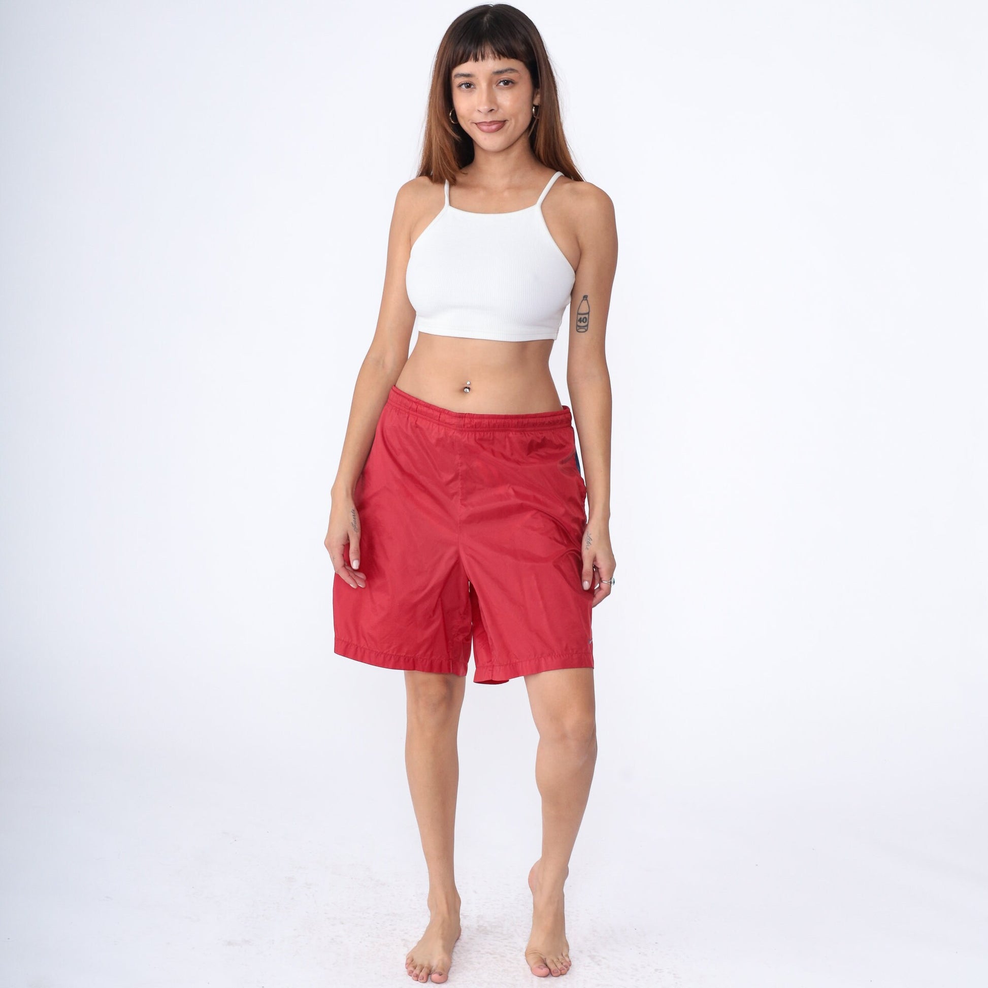 90s Nike Swim Shorts Red Nylon Spellout Navy Stripe Extra Large XL