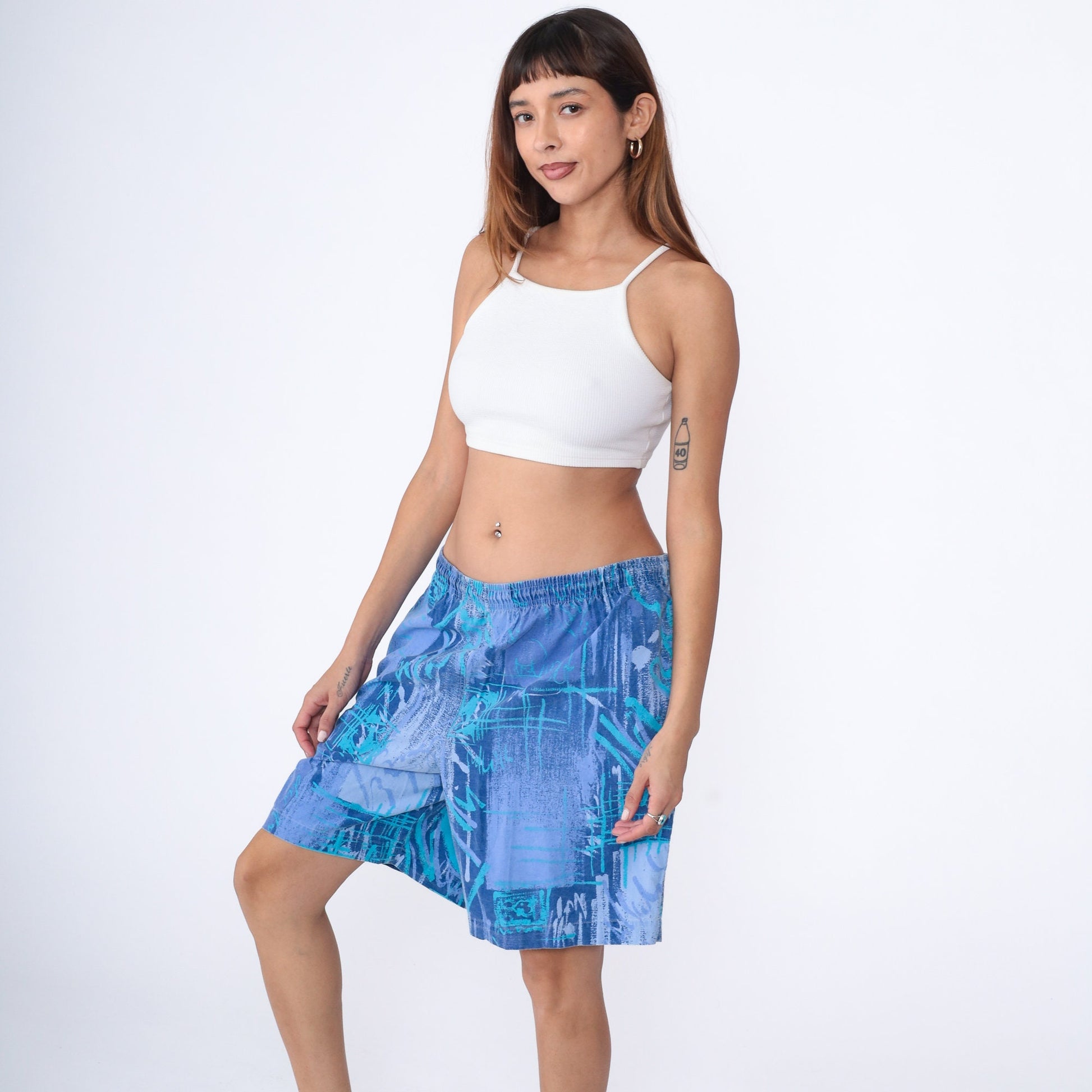 90s Maui Trading Co. Shorts Blue Abstract Print Cotton Elastic Waist Extra Large XL