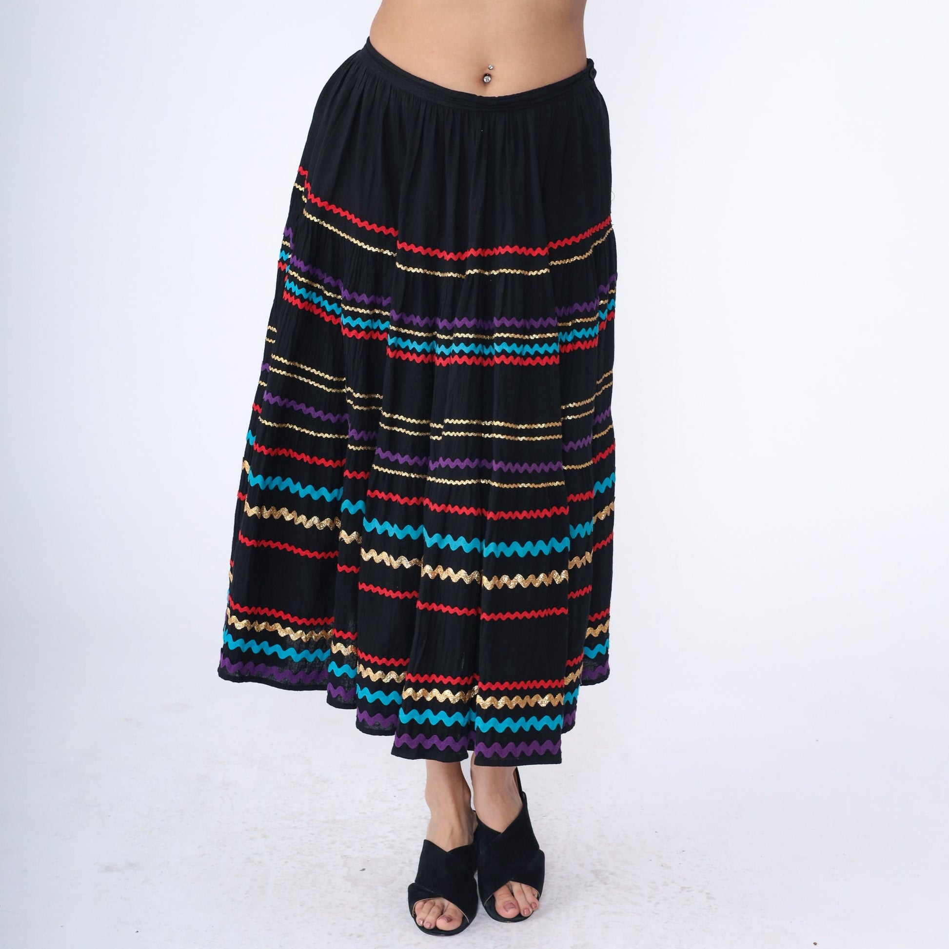 80s Goldwater's Midi Skirt Black Cotton Ric-Rac Striped High Waist Medium