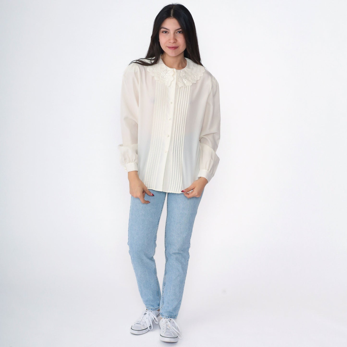 80s Peter Pan Collar Blouse Cream Button Up Floral Embroidery Puff Sleeve Medium Large