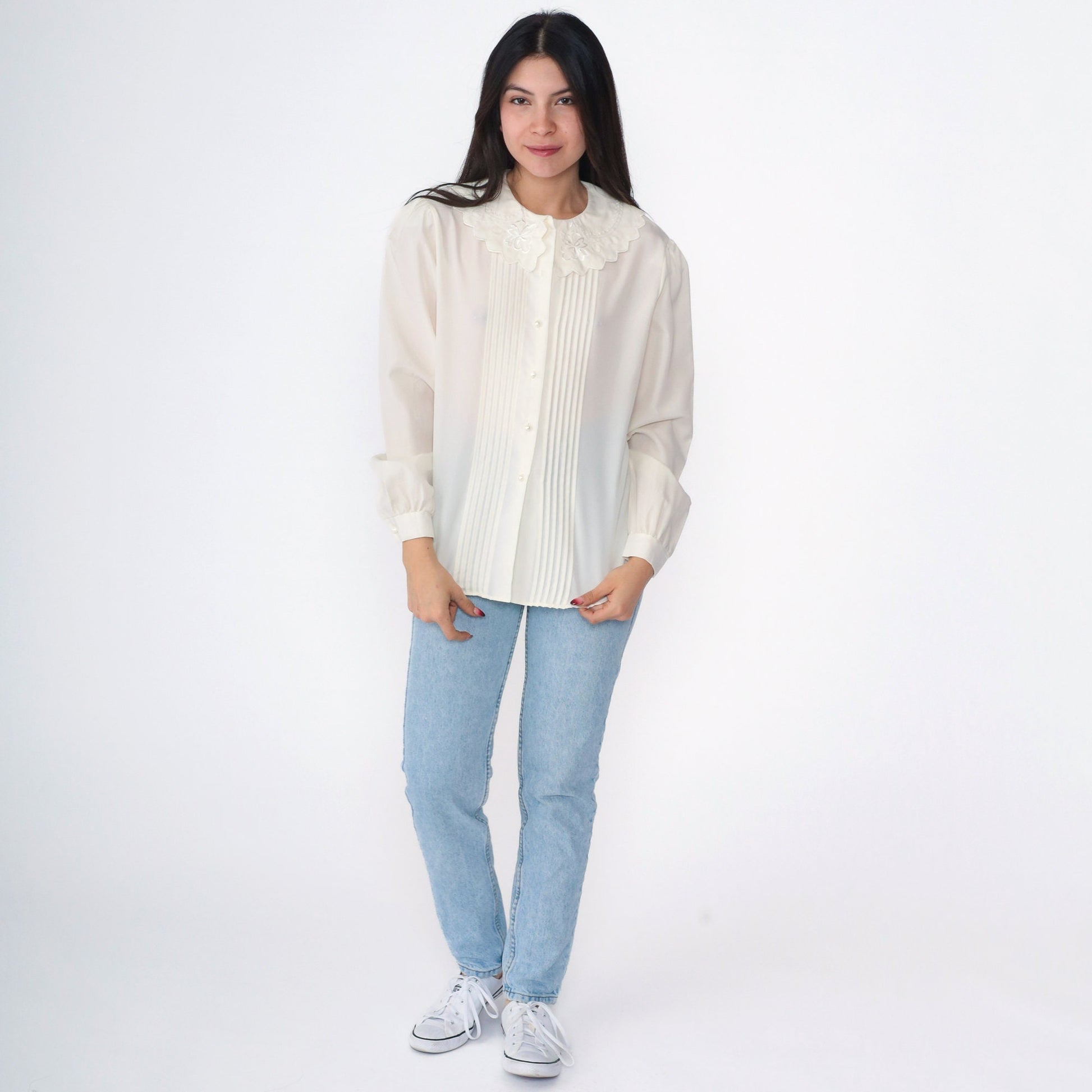 80s Peter Pan Collar Blouse Cream Button Up Floral Embroidery Puff Sleeve Medium Large
