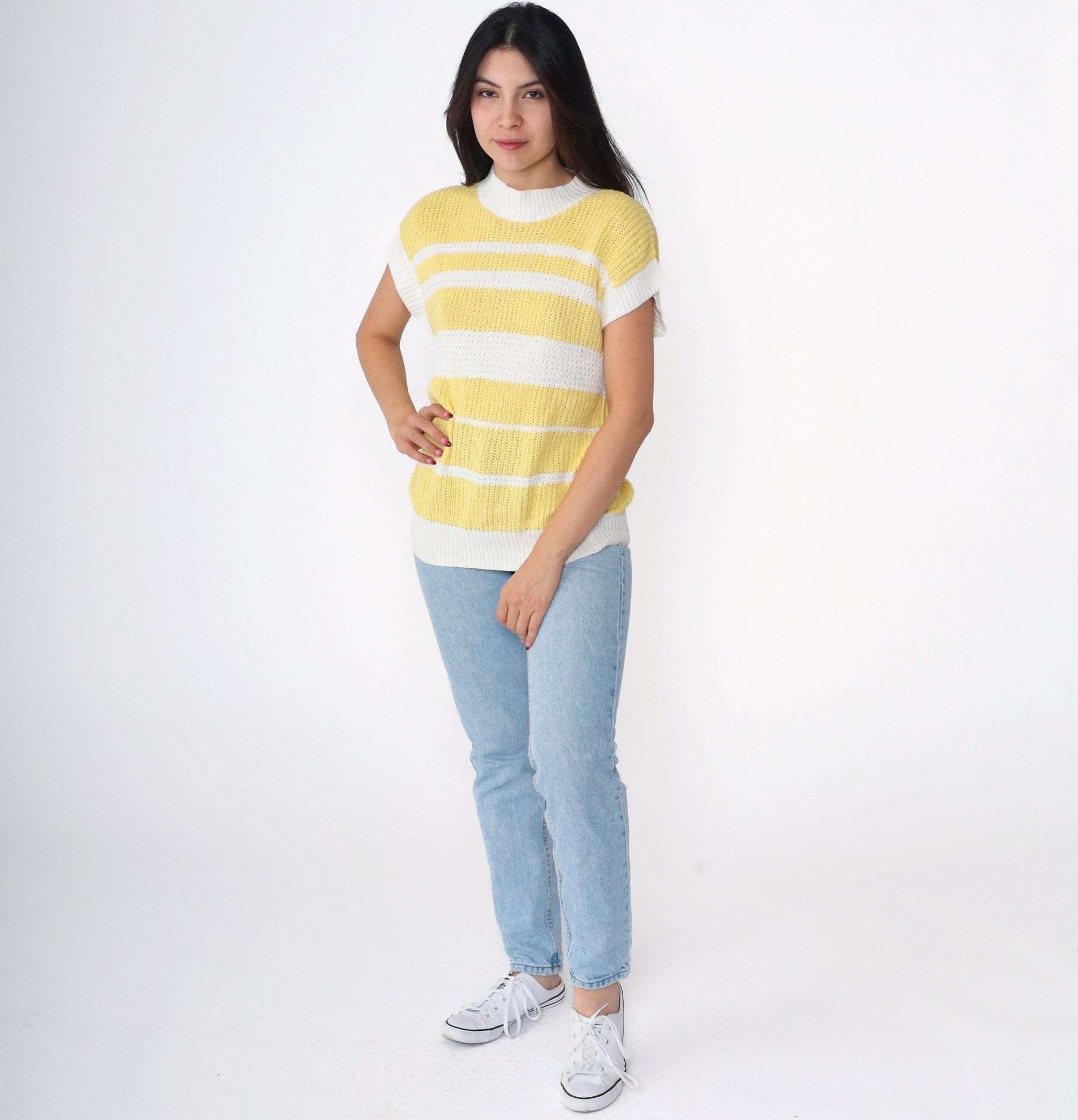 80s Yellow White Striped Knit Shirt Mock Neck Short Sleeve Small
