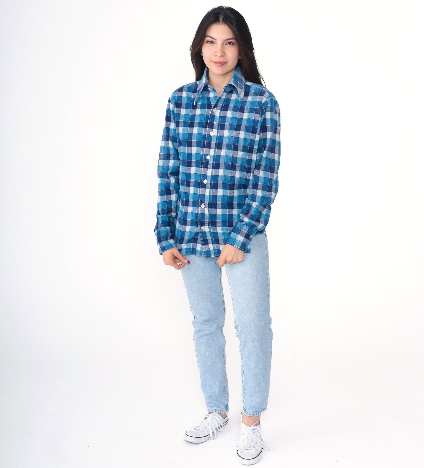 70s Mr. Wrangler Flannel Shirt Blue Navy Plaid Button Up Small
