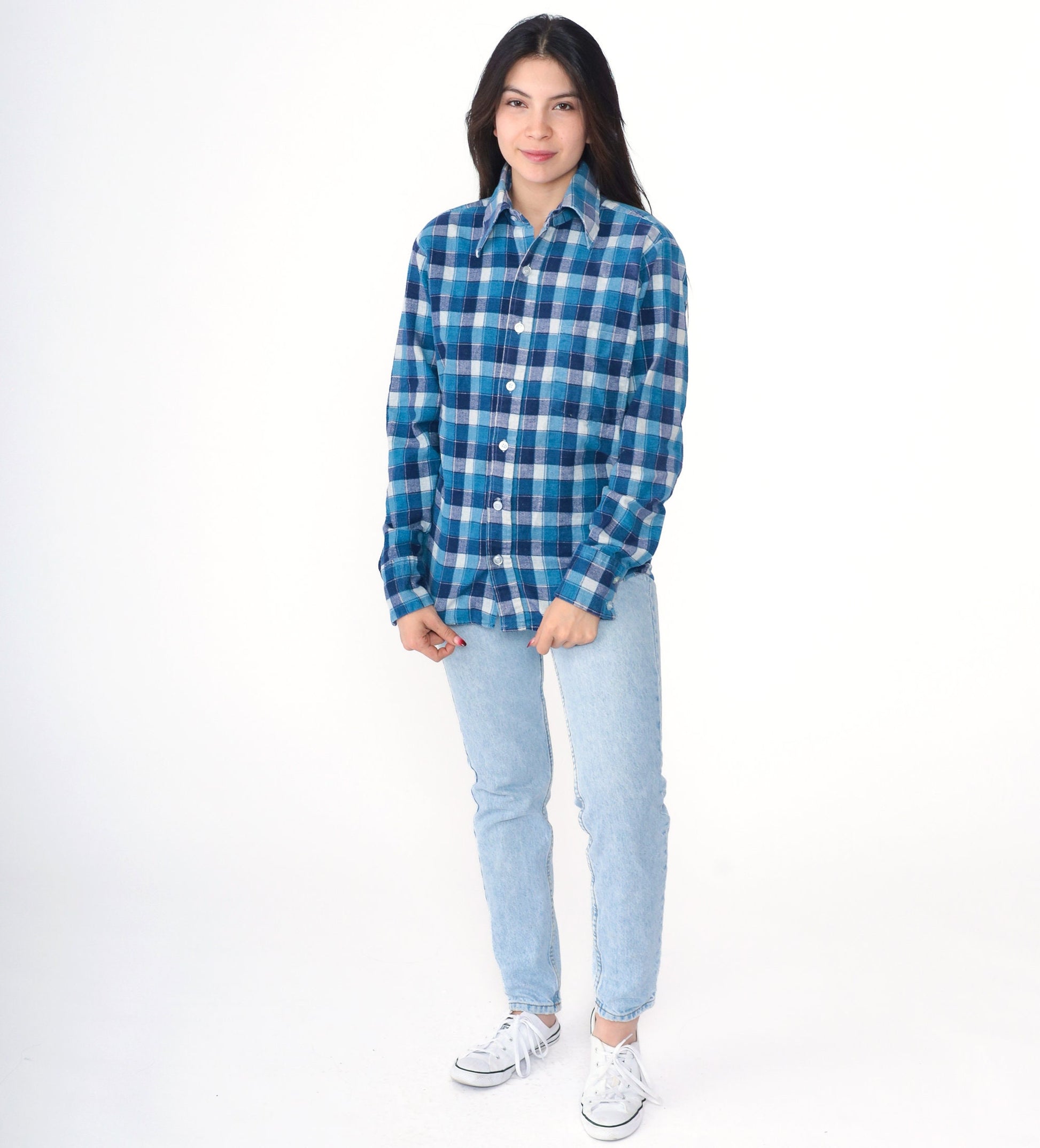 70s Mr. Wrangler Flannel Shirt Blue Navy Plaid Button Up Small