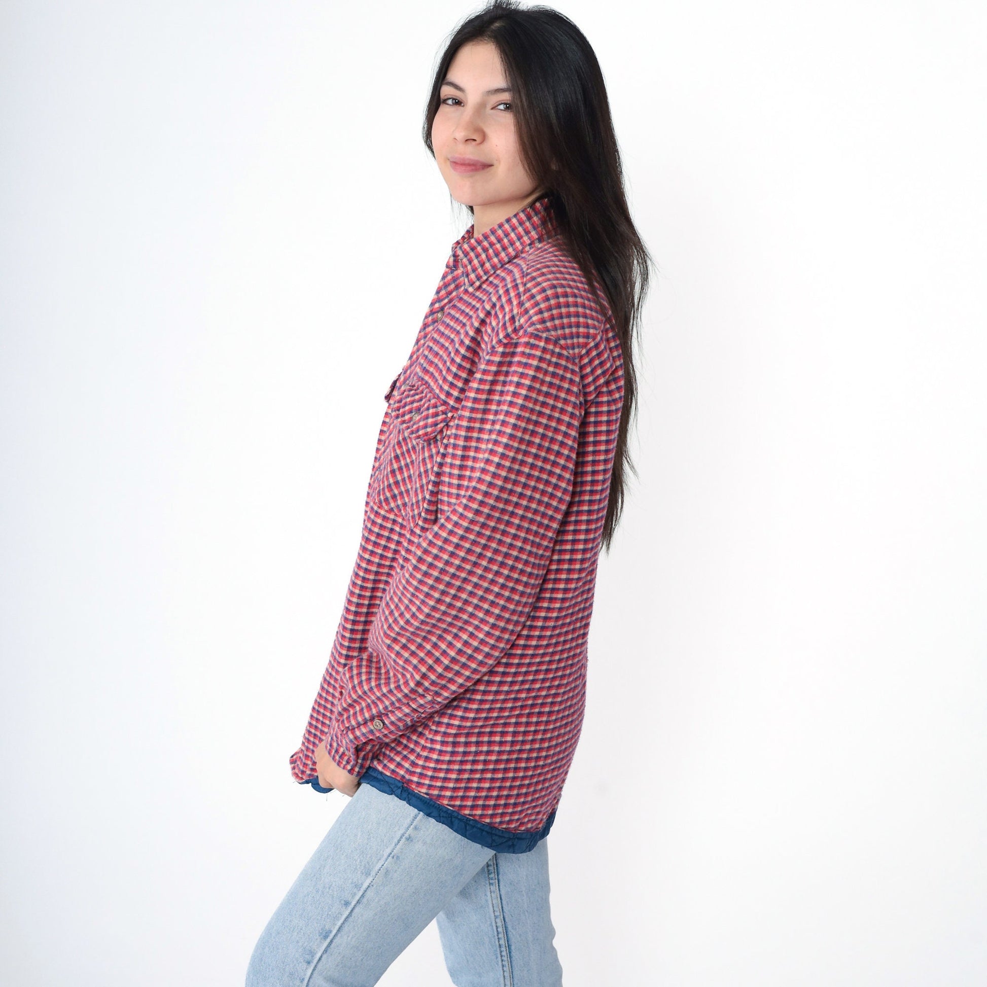 90s Red Plaid Quilted CPO Jacket Button-Up Blue Tan Checkered Large