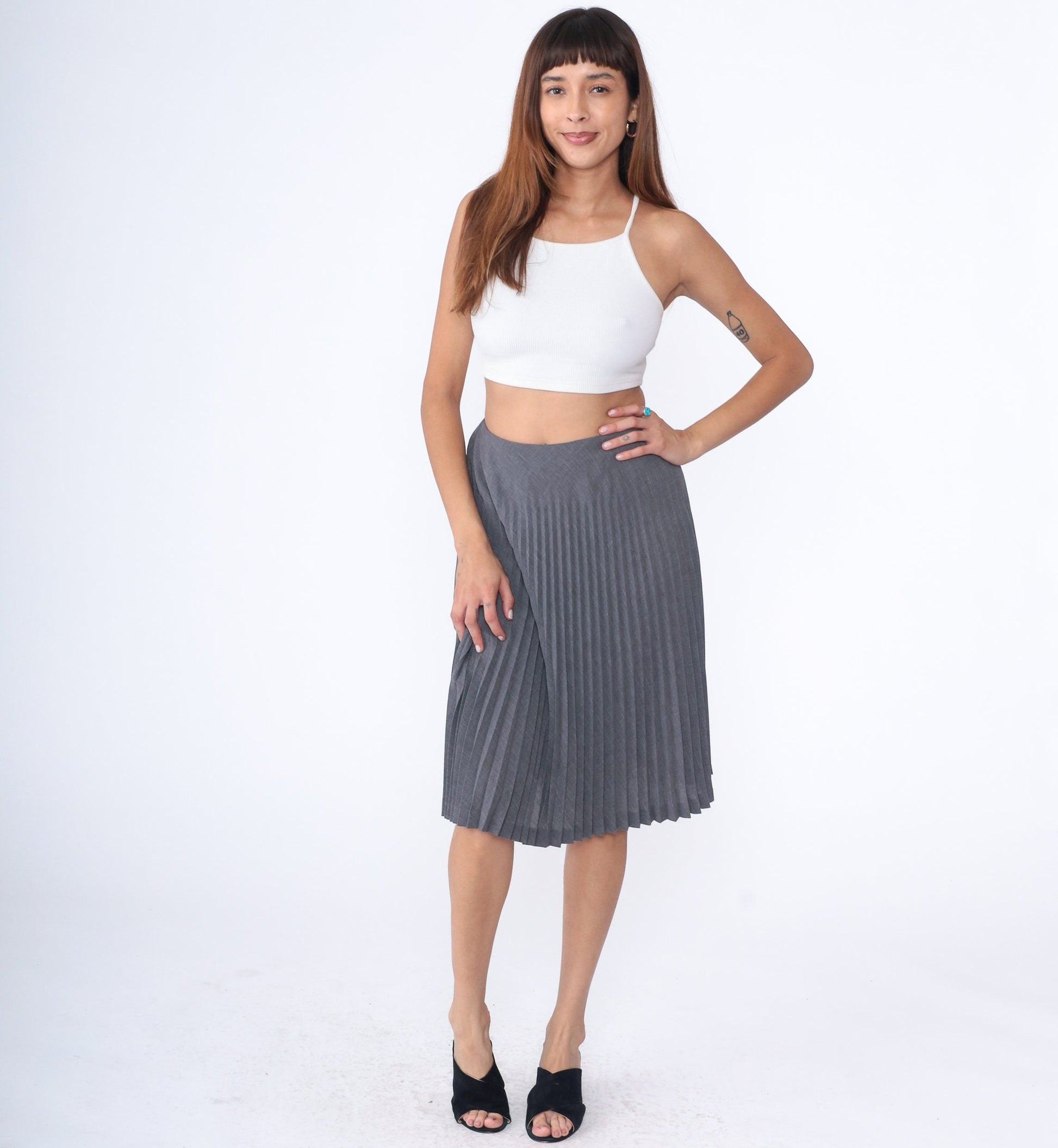 00s Grey Pleated High-Waist Midi Skirt Small 6