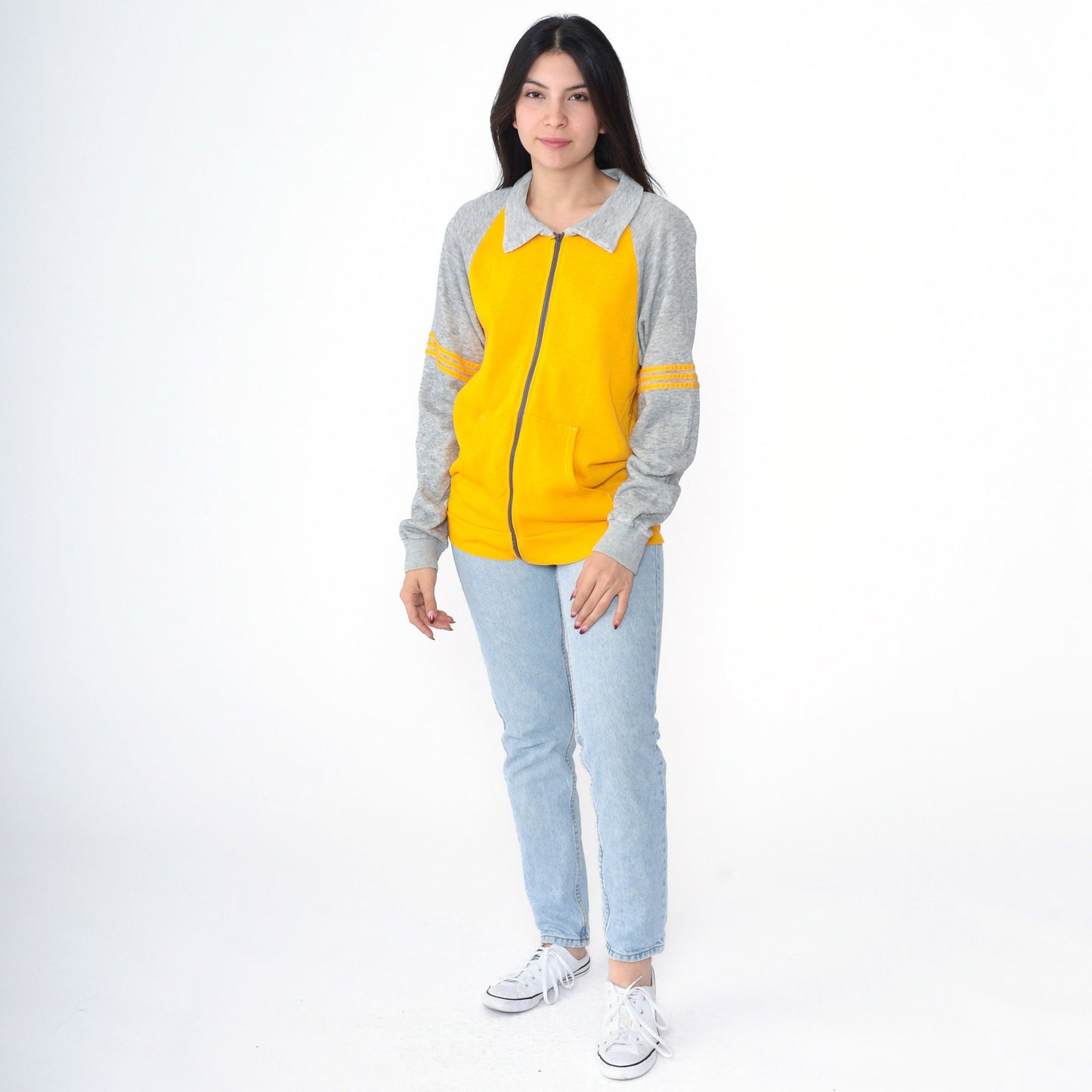 80s Yellow Grey Striped Raglan Track Jacket Zip Up Small