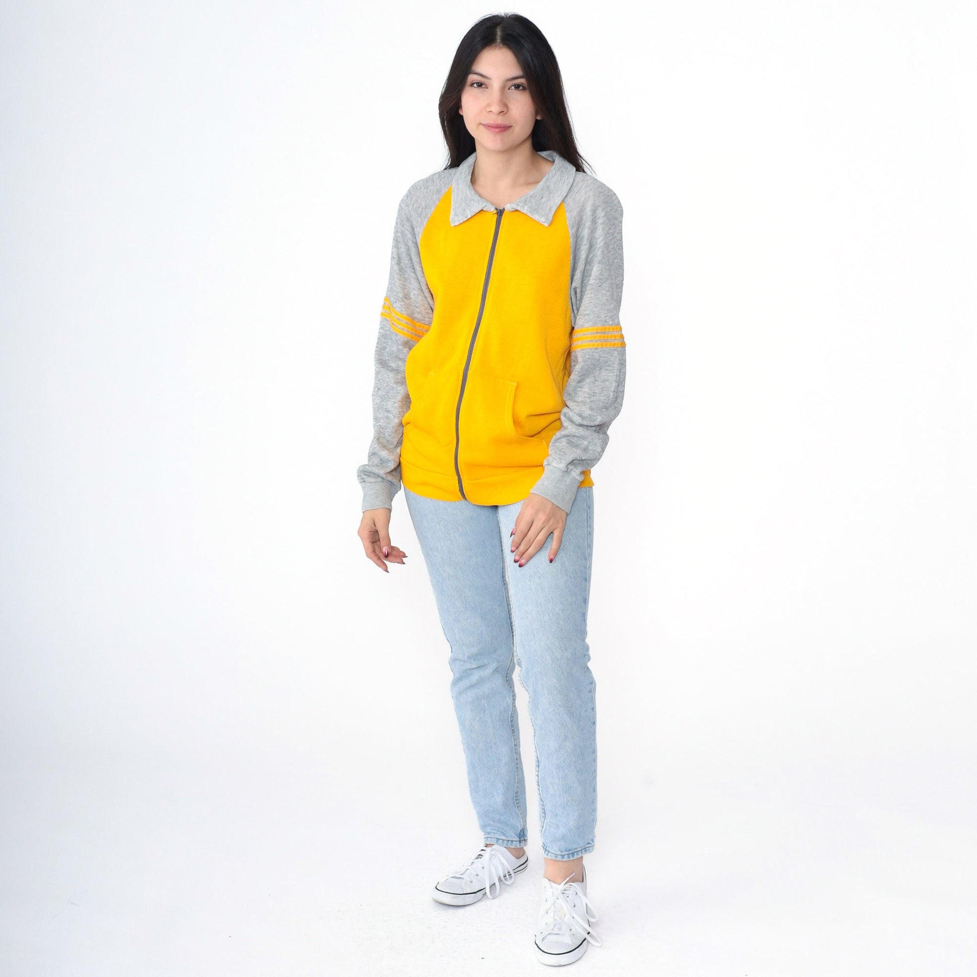 80s Yellow Grey Striped Raglan Track Jacket Zip Up Small