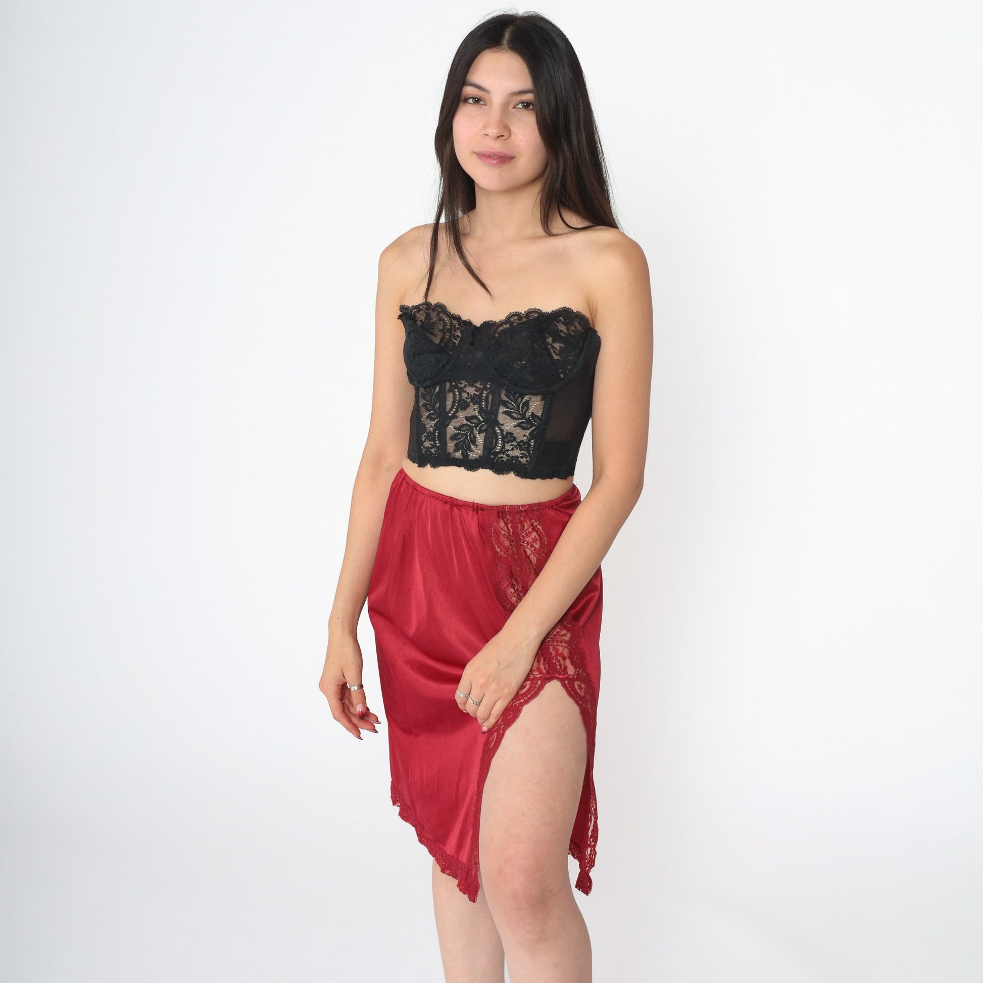 70s Vassarette Red Lace Half Slip Skirt High Waist Front Slit Medium