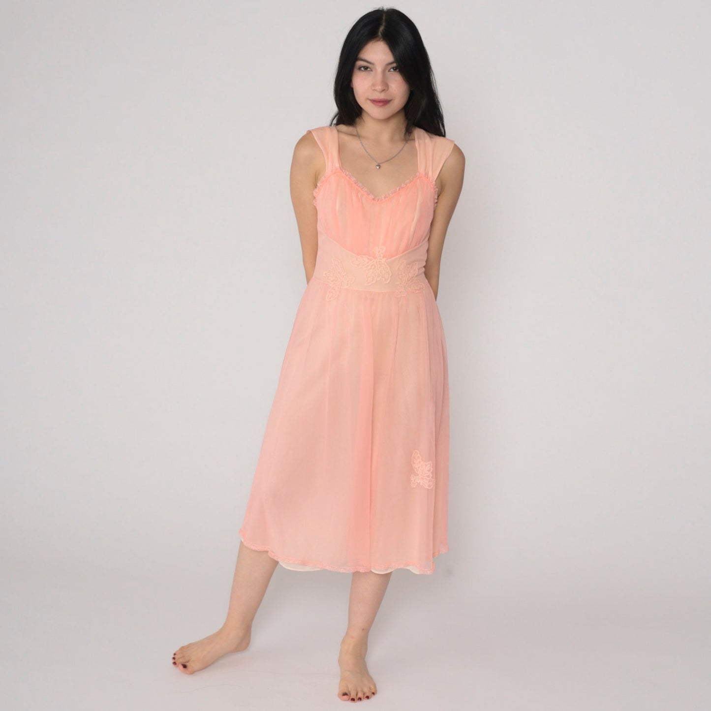 70s Gotham Gold Stripe Nightgown Pink Beaded Lace Applique Midi Small