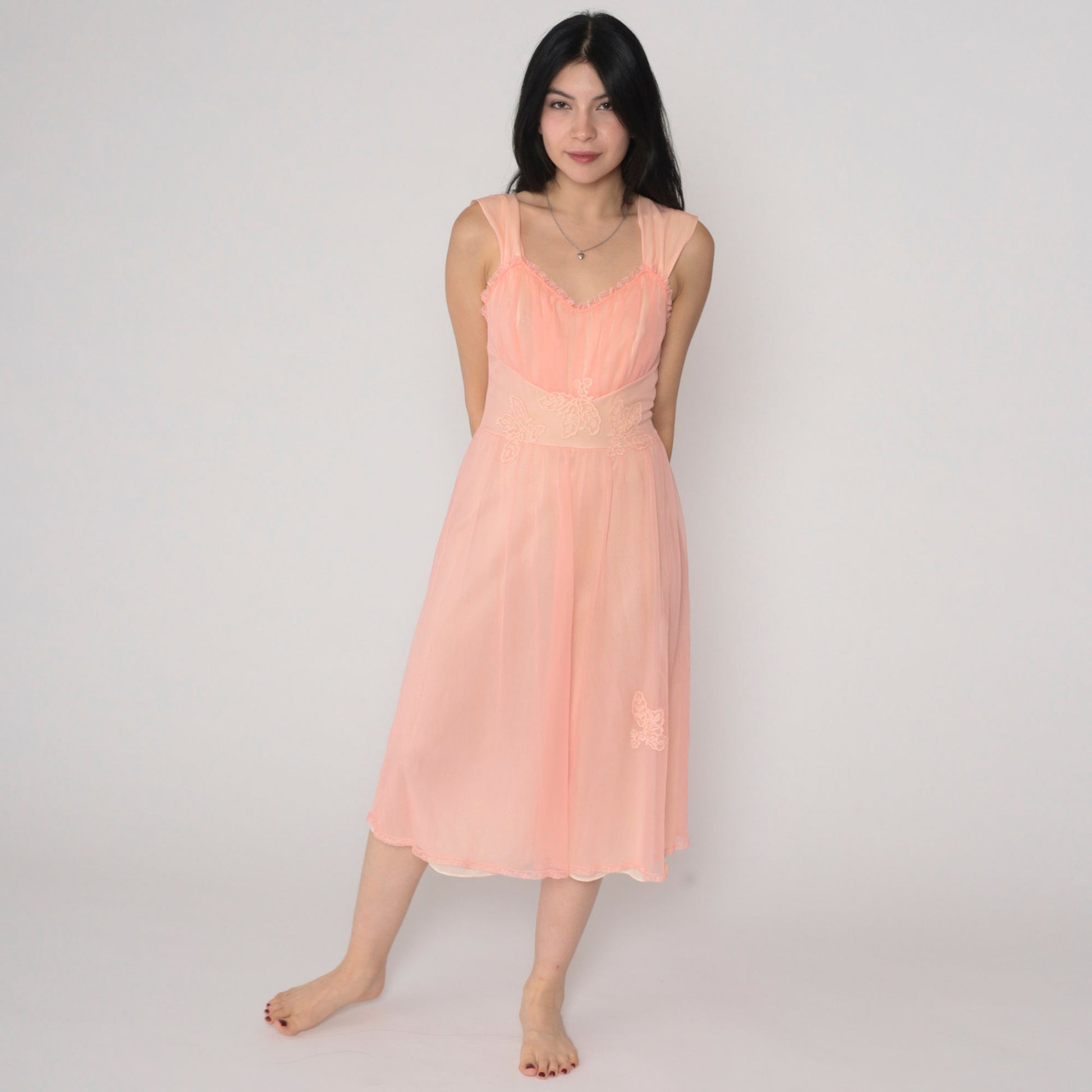 70s Gotham Gold Stripe Nightgown Pink Beaded Lace Applique Midi Small