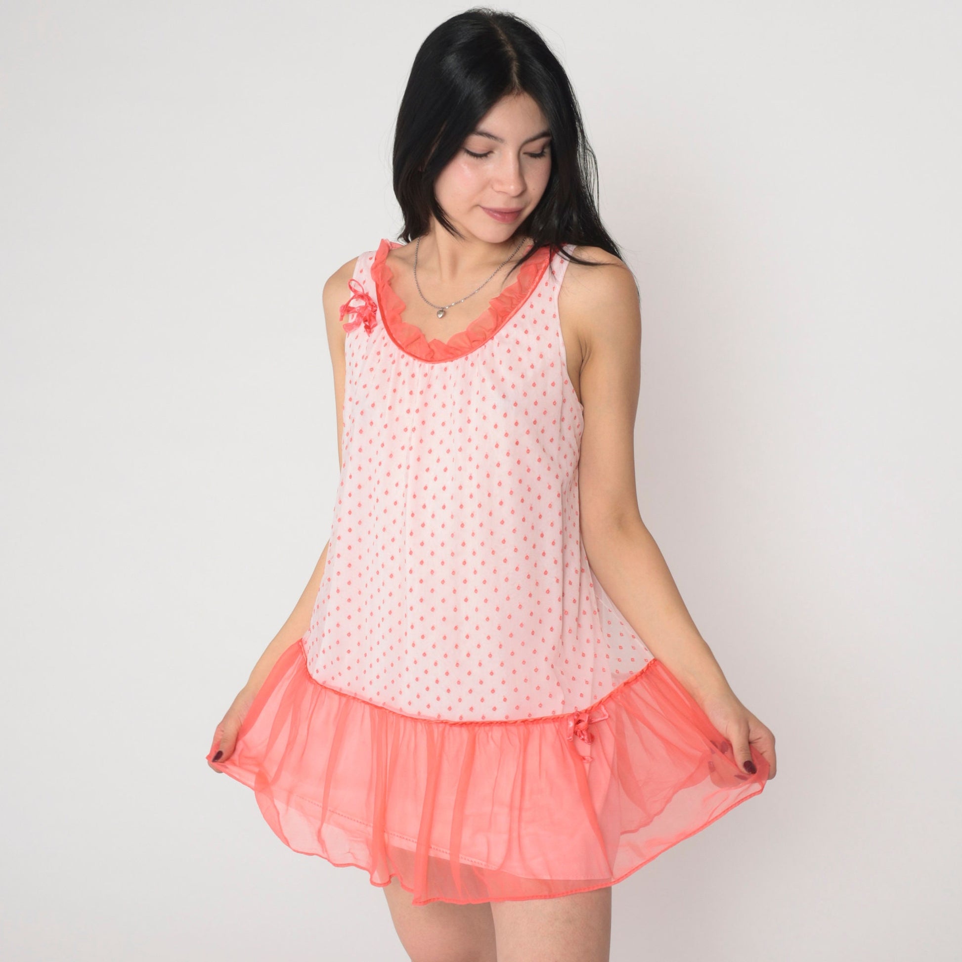 80s White Coral Polka Dot Nightgown Drop Waist Sleeveless Slip Dress Medium M