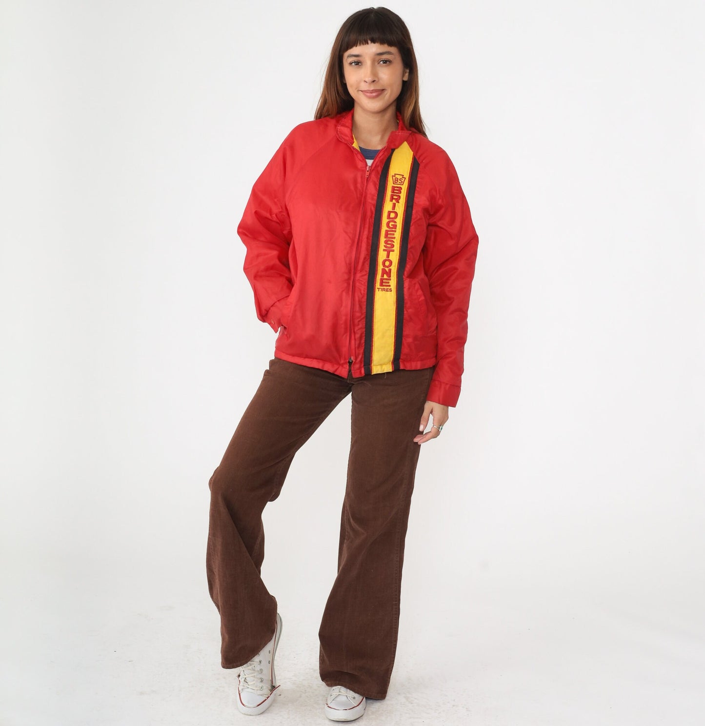 80s Bridgestone Tires Windbreaker Red Yellow Stripe Nylon Raglan Medium