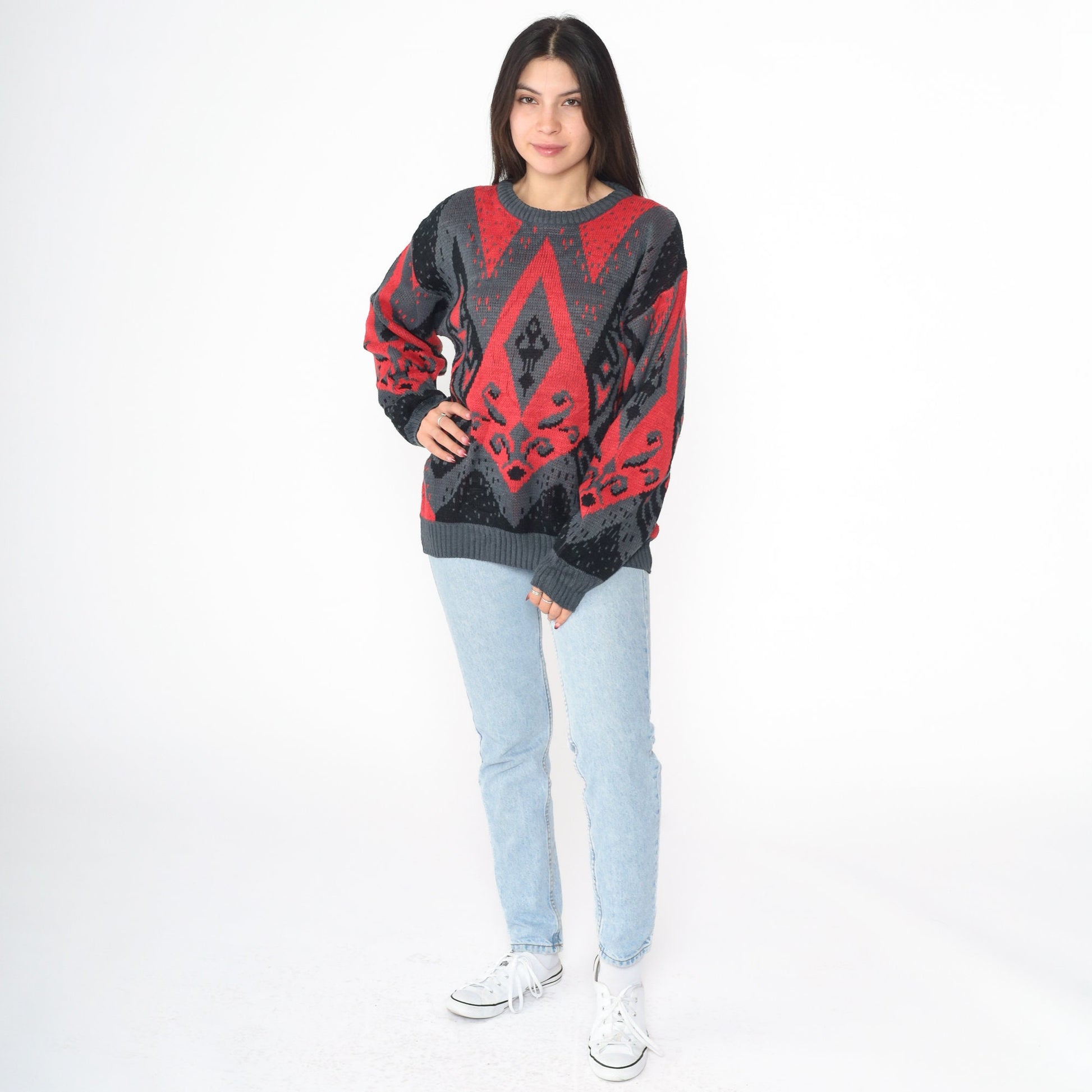 80s DJ Smash Geometric Knit Sweater Red Black Crewneck Medium