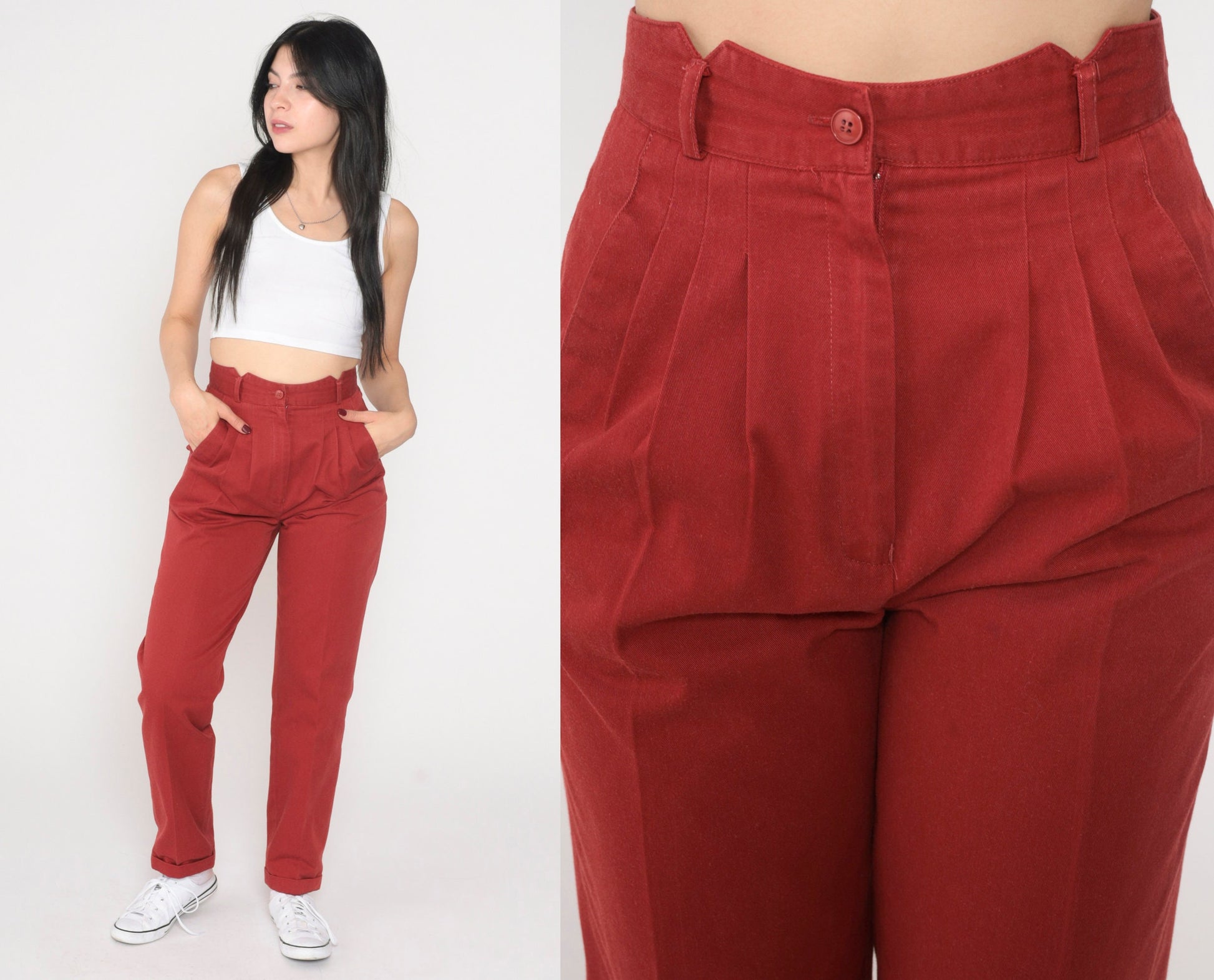 80s Red Pleated High-Waisted Tapered Trousers Extra Small XS