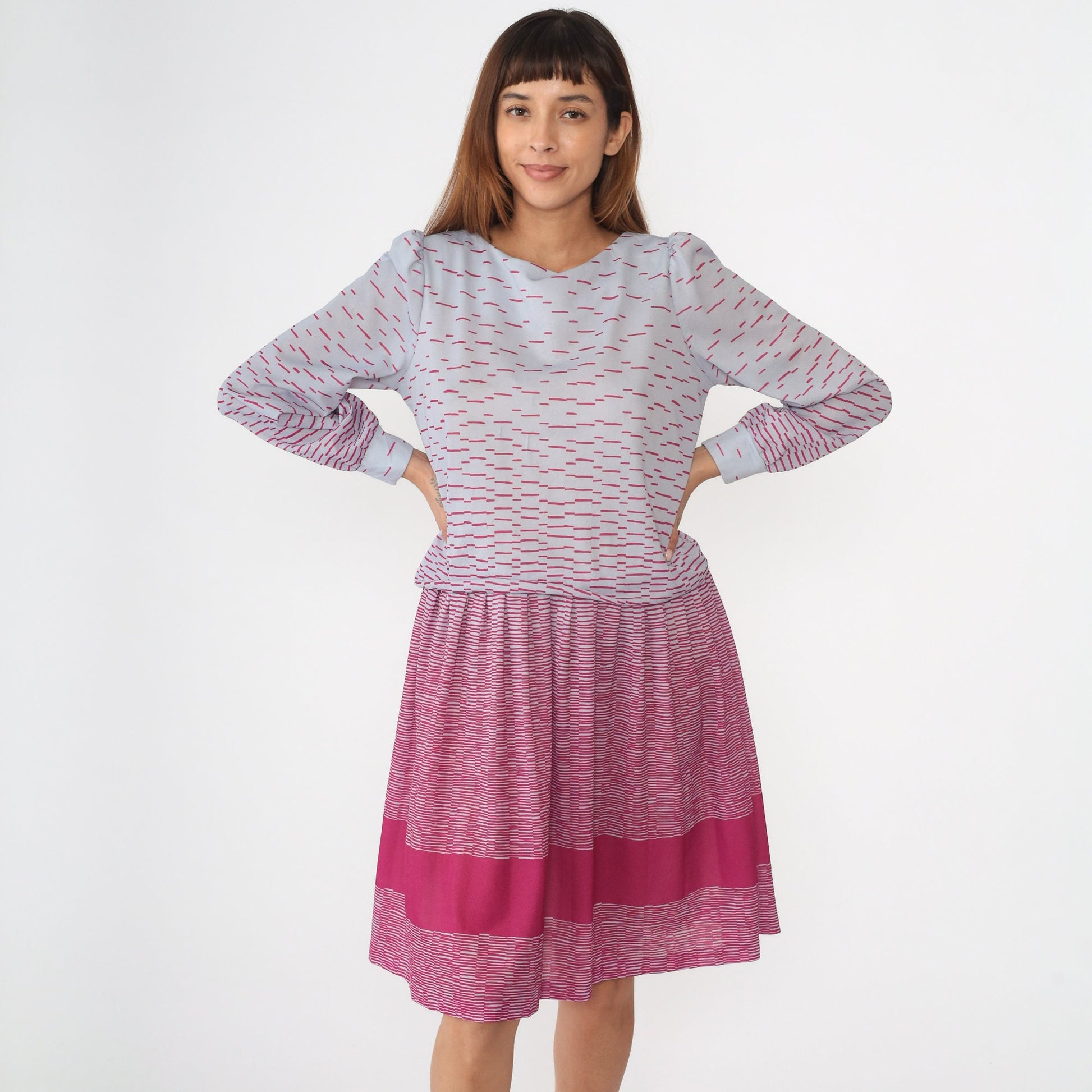 80s Puff Sleeve Midi Dress Periwinkle Hot Pink Drop Waist Small Medium