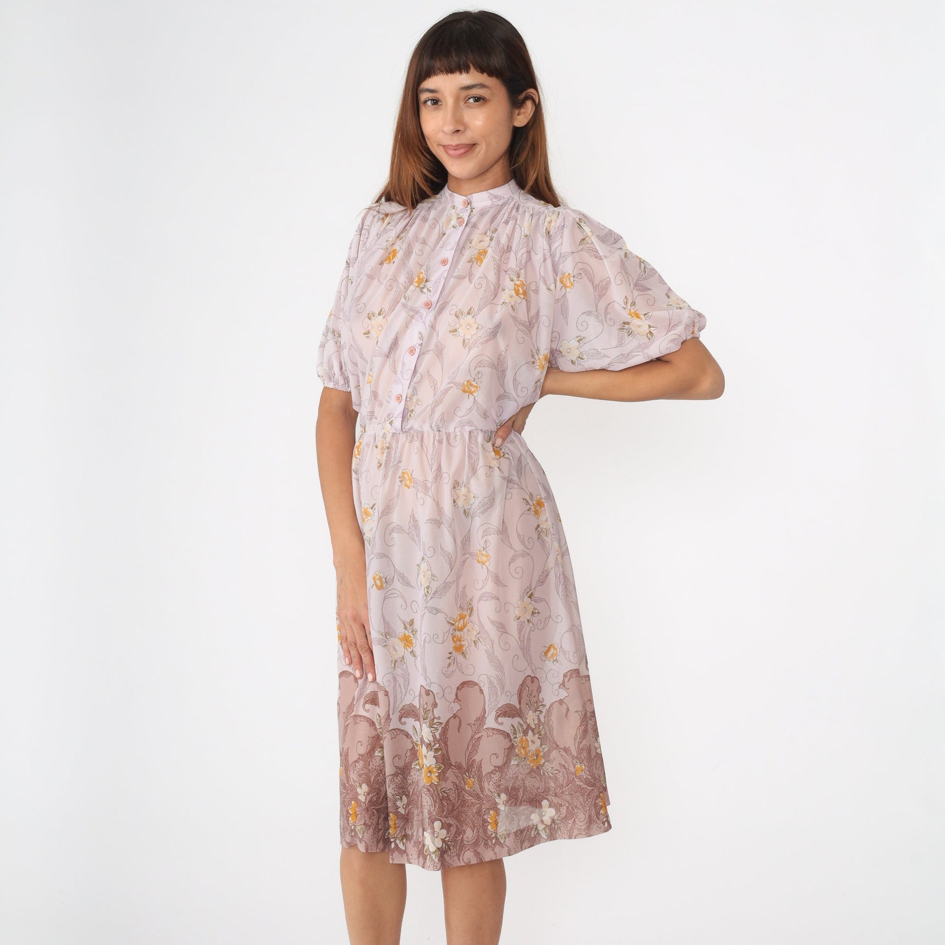 70s Lavender Floral Midi Dress High Waist Puff Sleeve Button Up Small