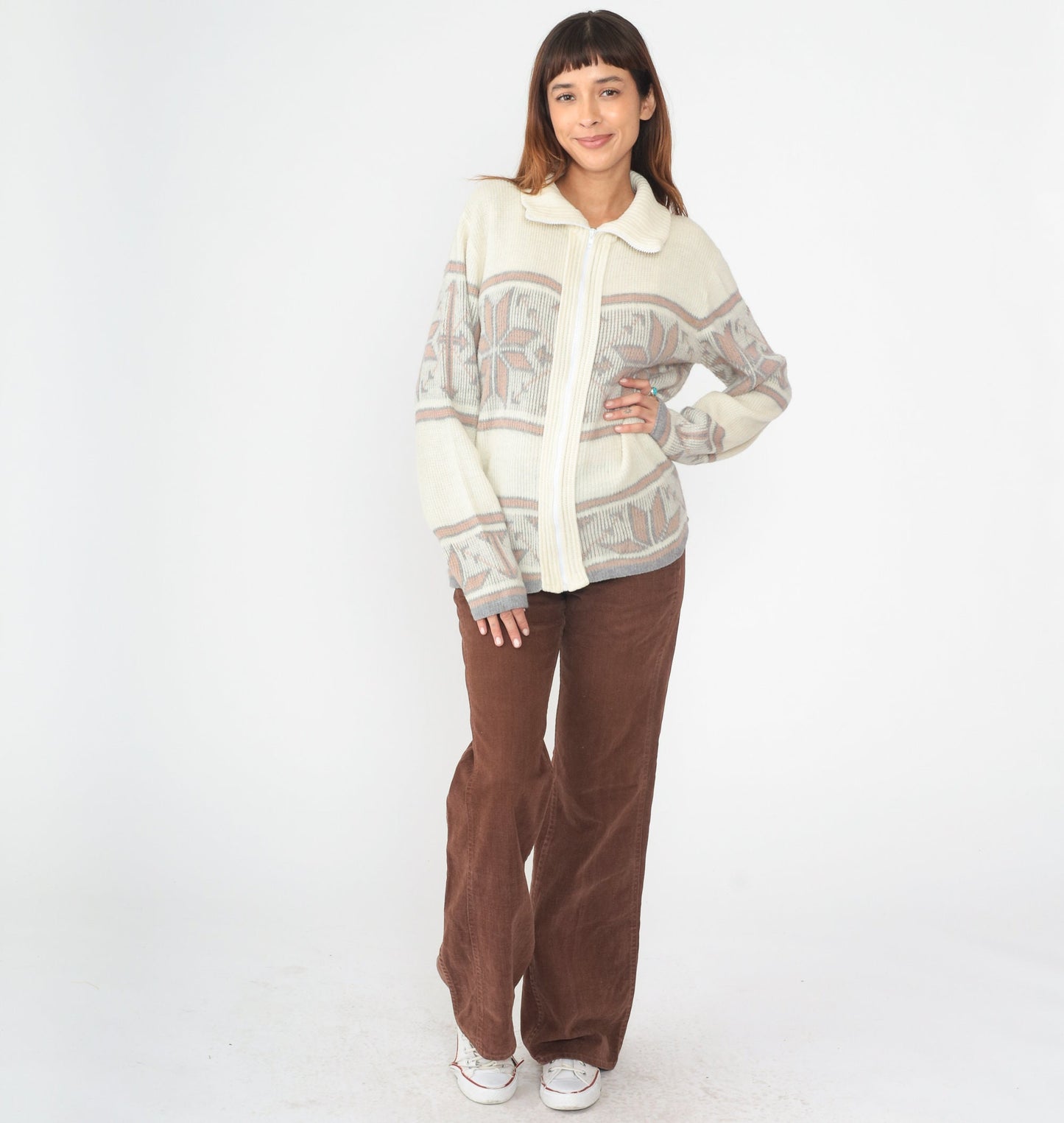 80s Nordic Snowflake Zip Cardigan Cream Fair Isle Knit Medium