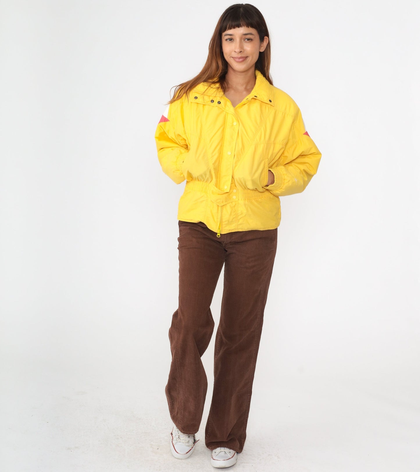 80s Roffe Yellow Puffer Ski Jacket Geometric Triangle Sleeves Large
