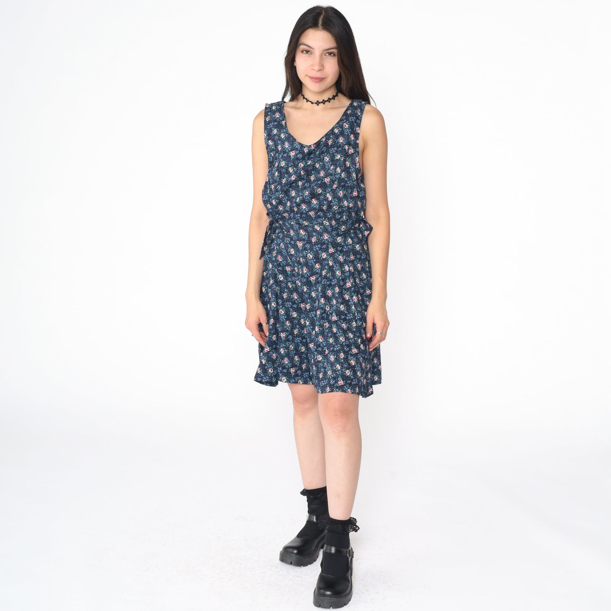 90s Navy Floral Rayon Mini Dress Sleeveless Side Tie Scoop Neck Large 12