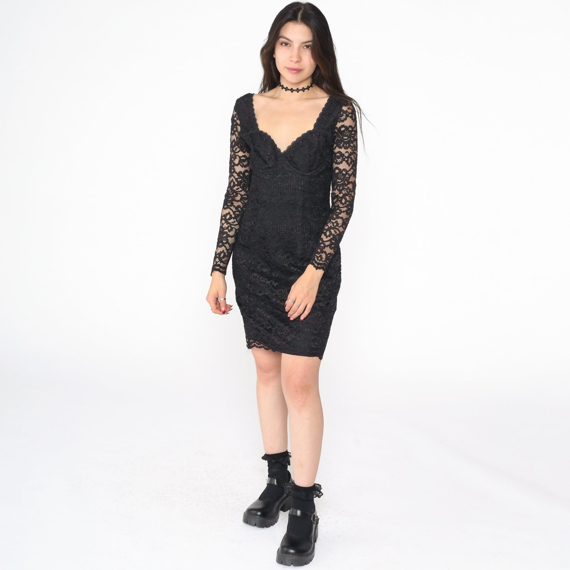 90s Black Lace Mini Dress Long Sleeve Scoop Back Bodycon Small 6