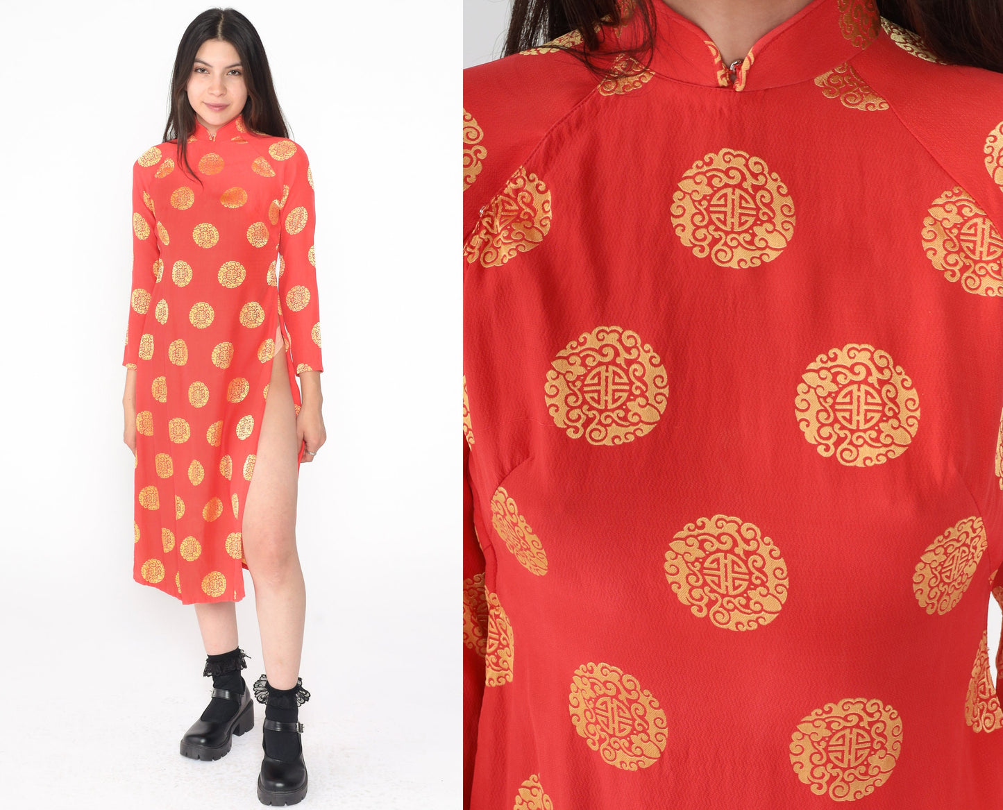 Y2K Ao Dai Dress Red Gold Medallion Print Mandarin Collar Midi Extra Small